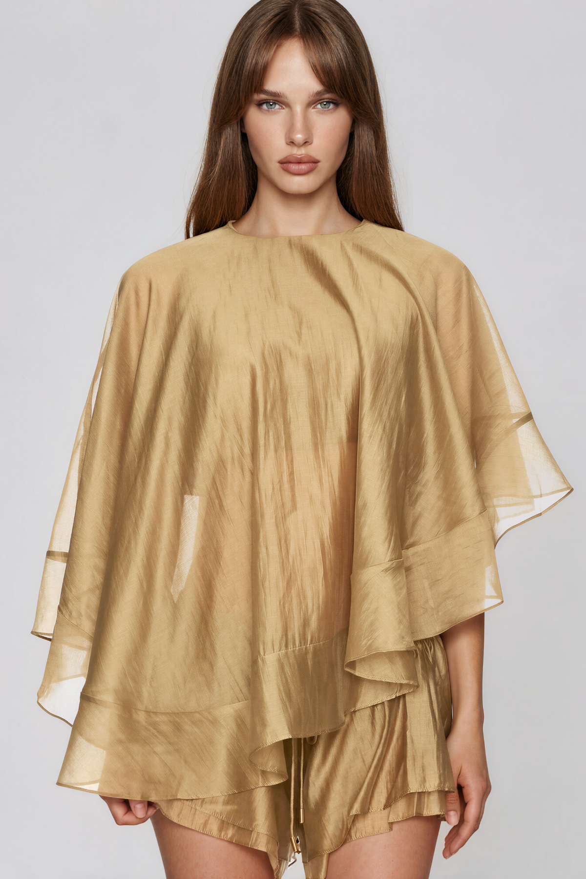 Faelan Cape Sleeve Mesh Ruffle Shorts Set
