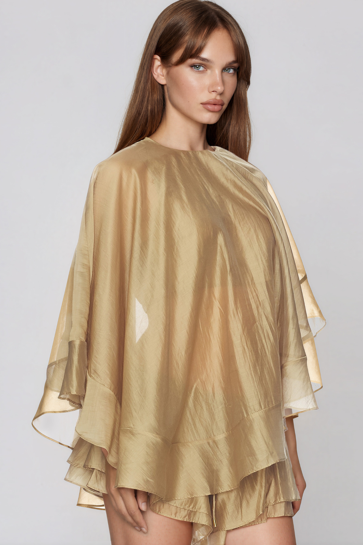Faelan Cape Sleeve Mesh Ruffle Shorts Set