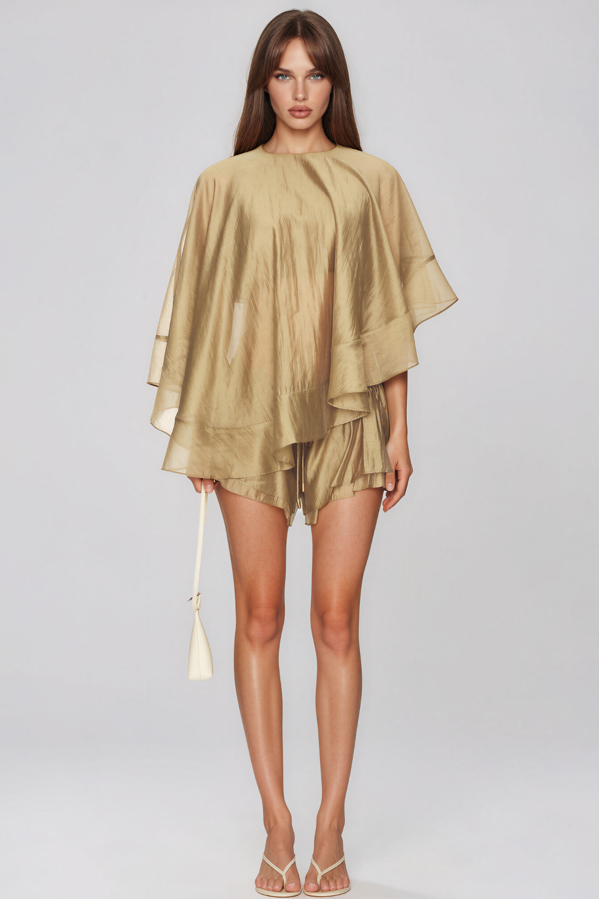 Faelan Cape Sleeve Mesh Ruffle Shorts Set