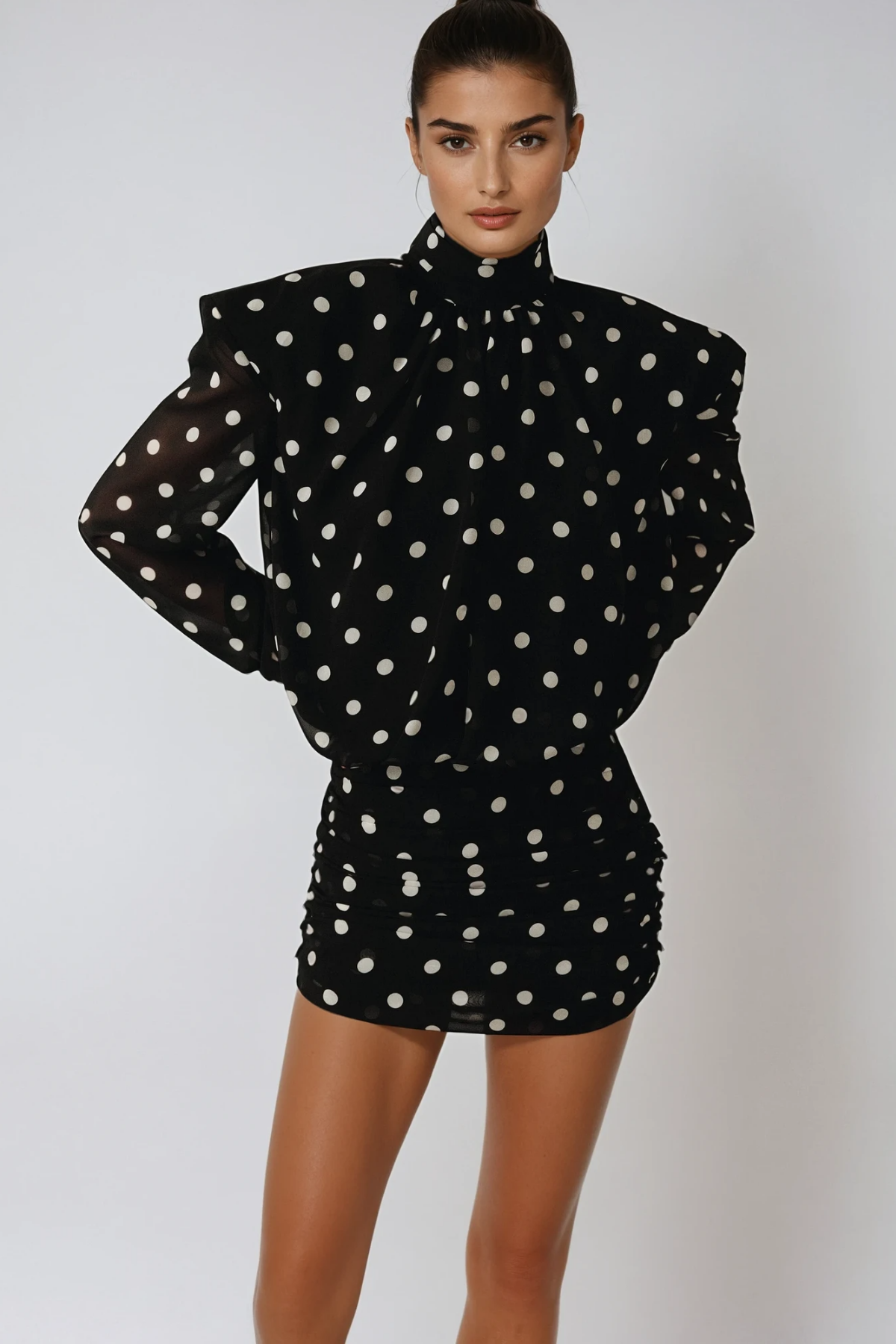 Faiz Long Sleeve Dot Mini Dress