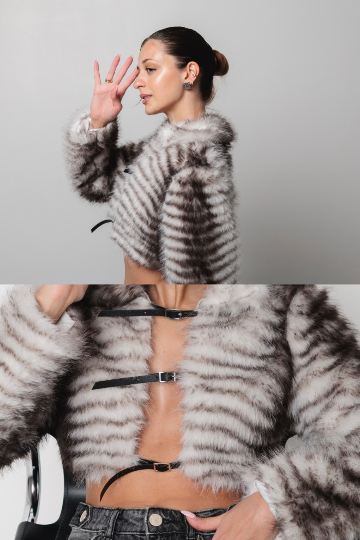Fajr Zebra Print Faux Fur Plunge Jacket
