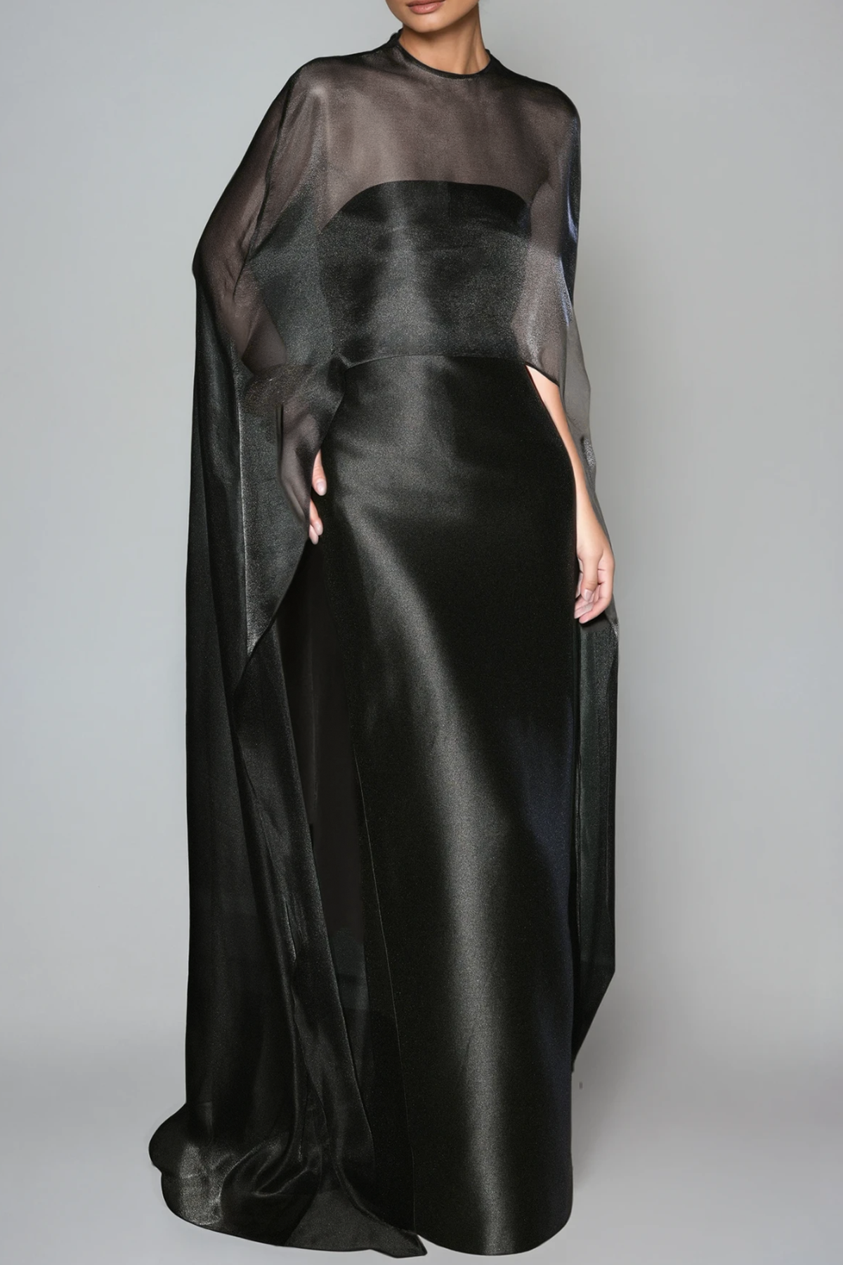 Fallon Mesh Shawl Silky Maxi Dress In Black