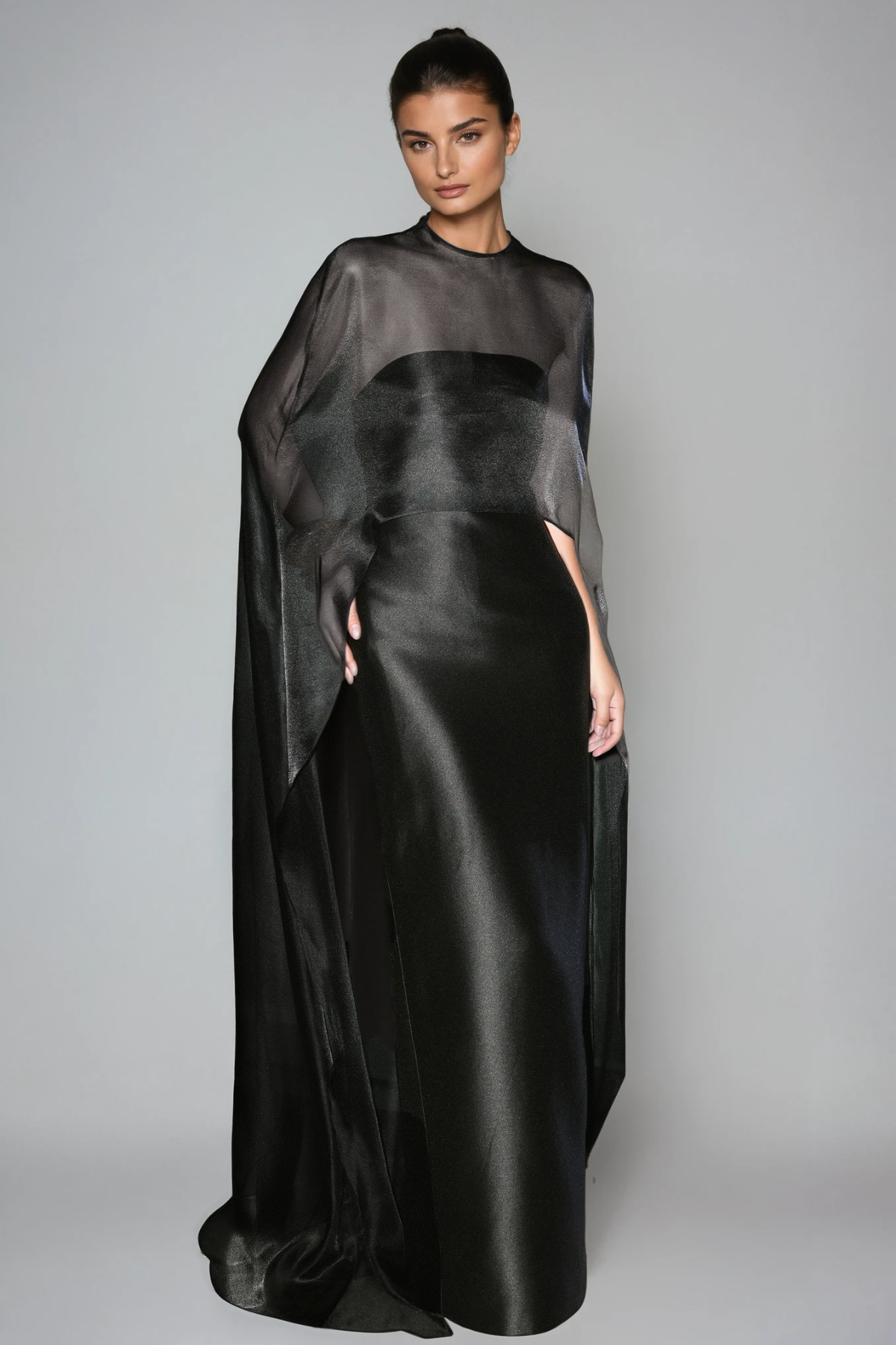Fallon Mesh Shawl Silky Maxi Dress In Black