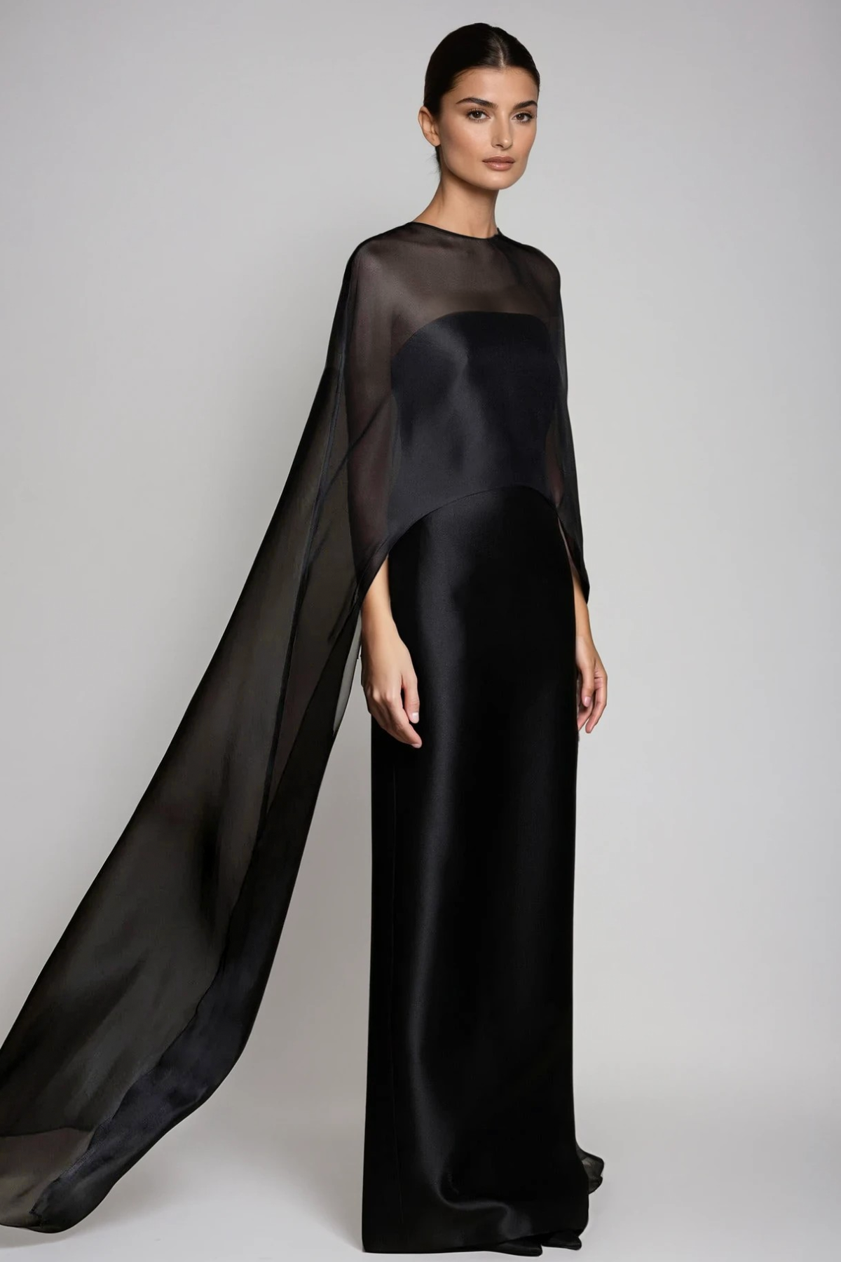 Fallon Mesh Shawl Silky Maxi Dress In Black