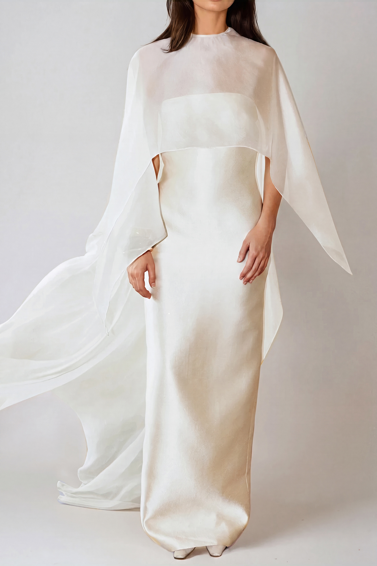 Fallon Mesh Shawl Silky Maxi Dress In White