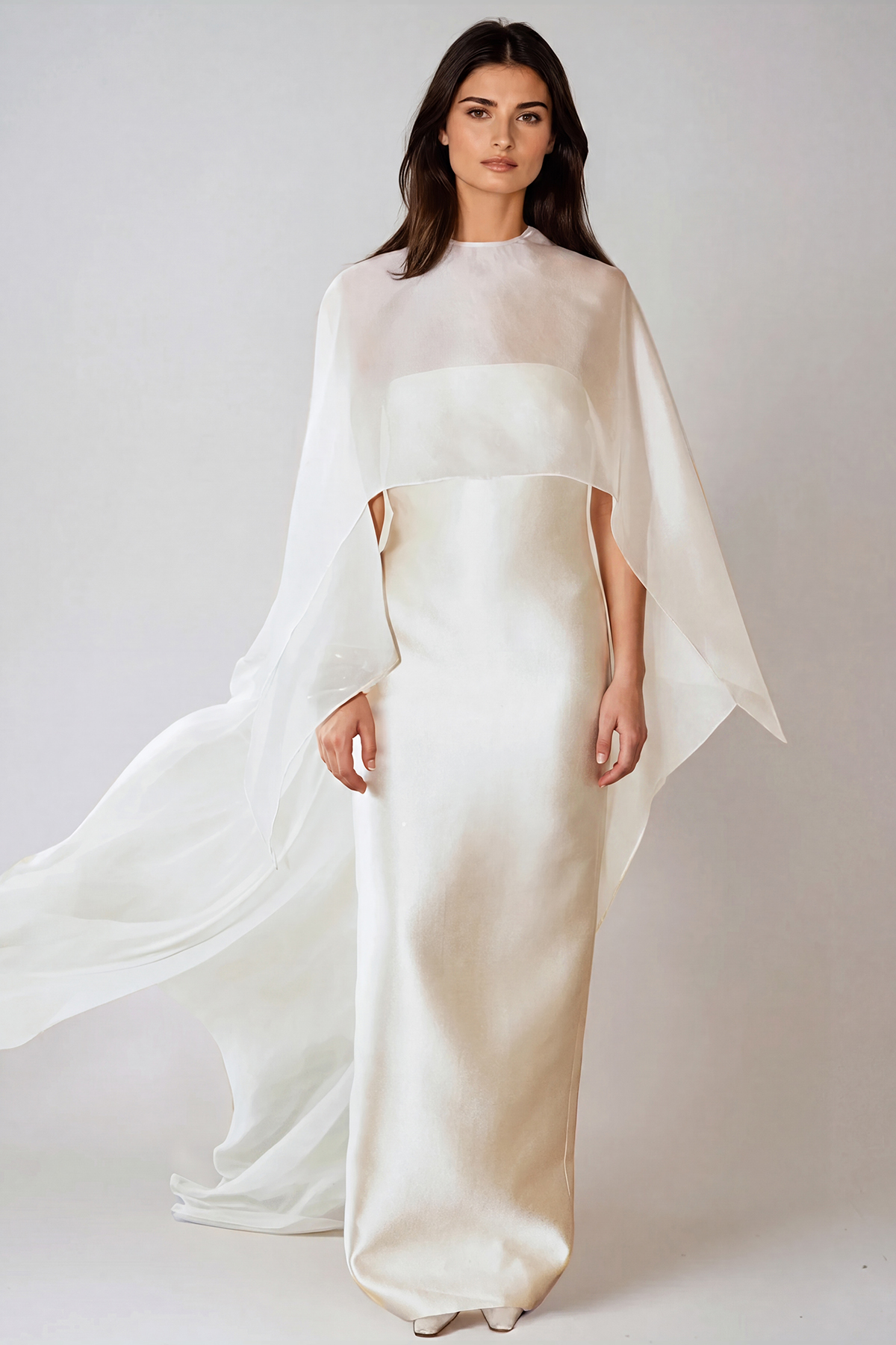 Fallon Mesh Shawl Silky Maxi Dress In White