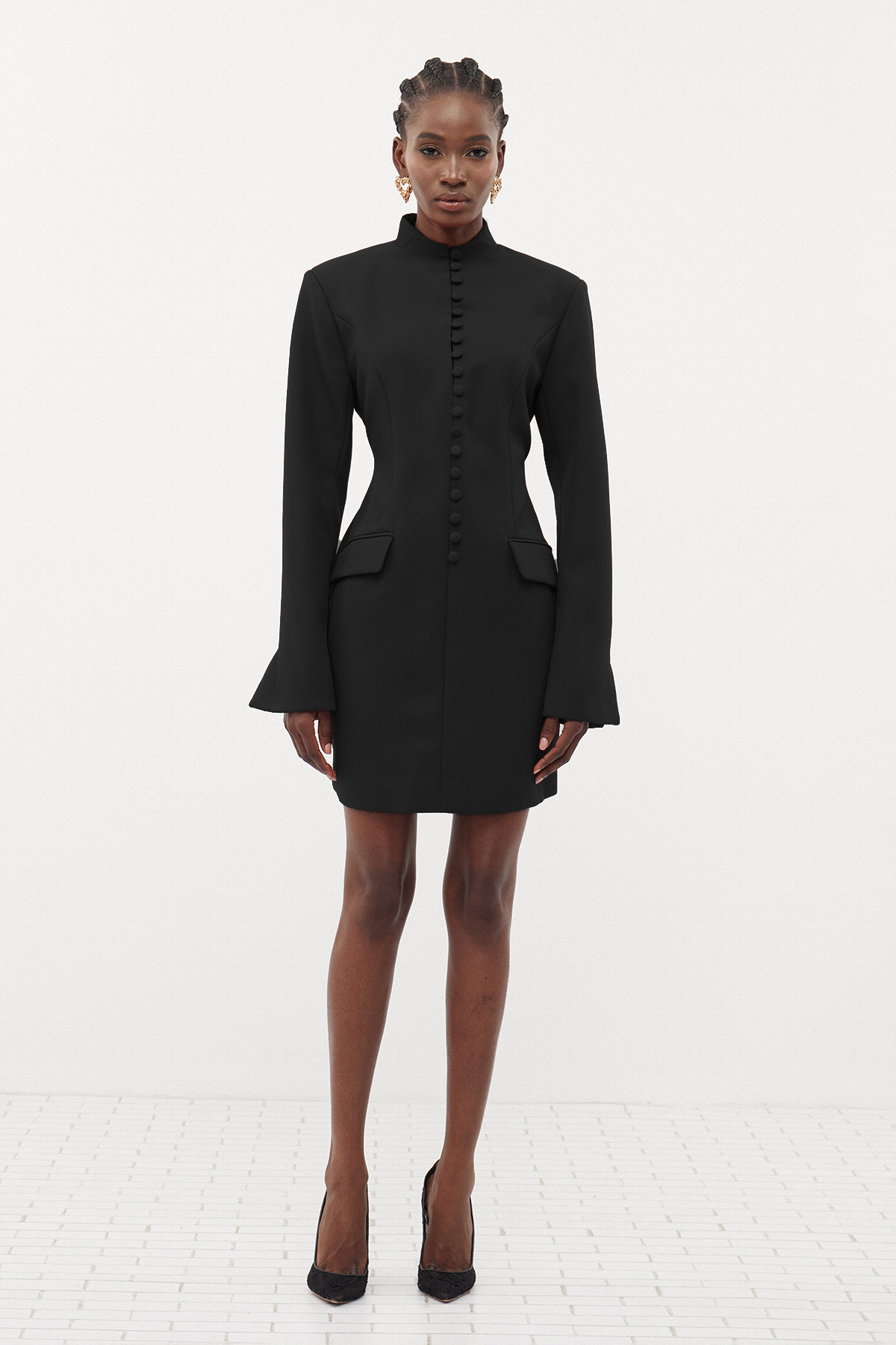 Famke Long Sleeve Button Mini Dress In Black