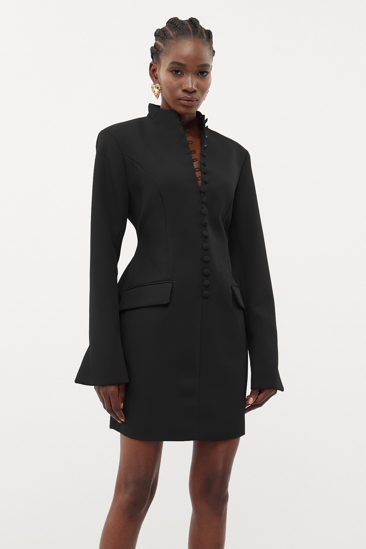 Famke Long Sleeve Button Mini Dress In Black
