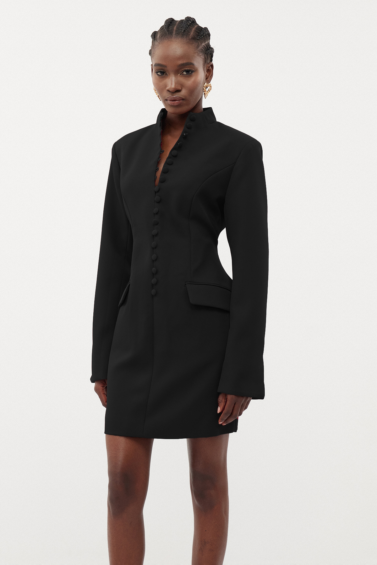 Famke Long Sleeve Button Mini Dress In Black