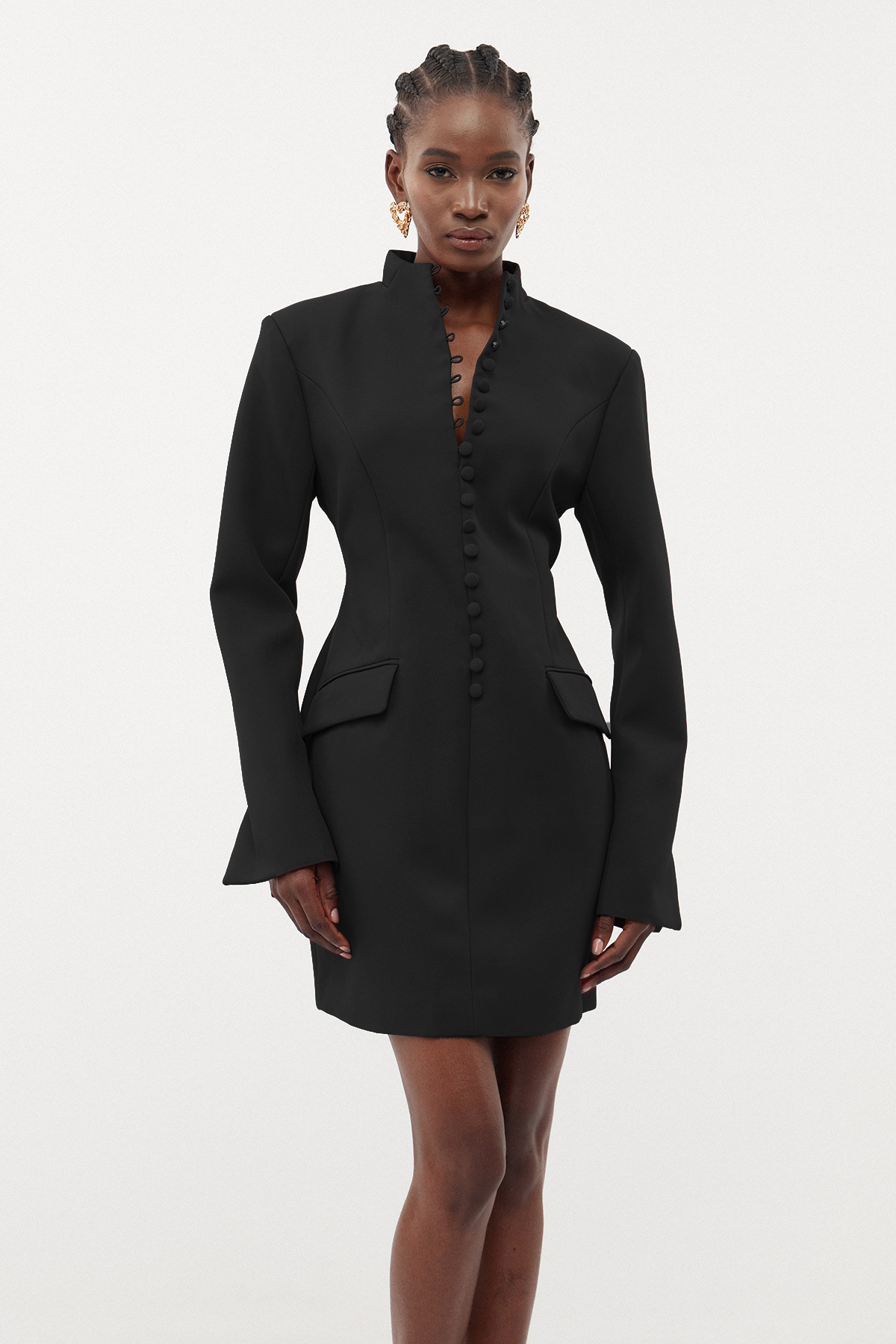 Famke Long Sleeve Button Mini Dress In Black