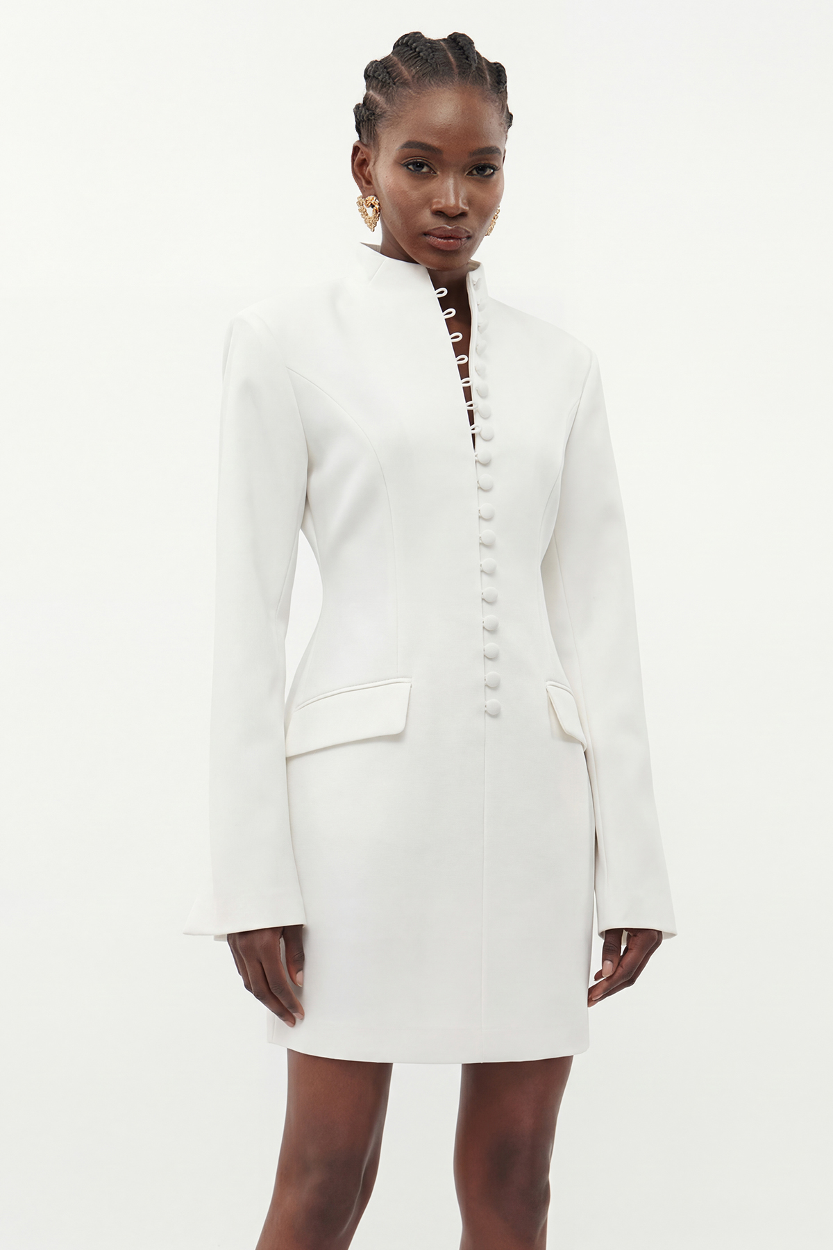 Famke Long Sleeve Button Mini Dress In White