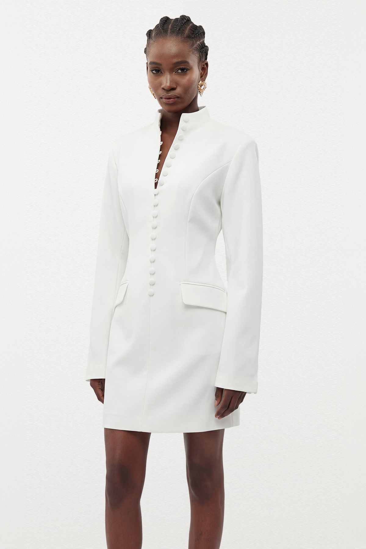 Famke Long Sleeve Button Mini Dress In White