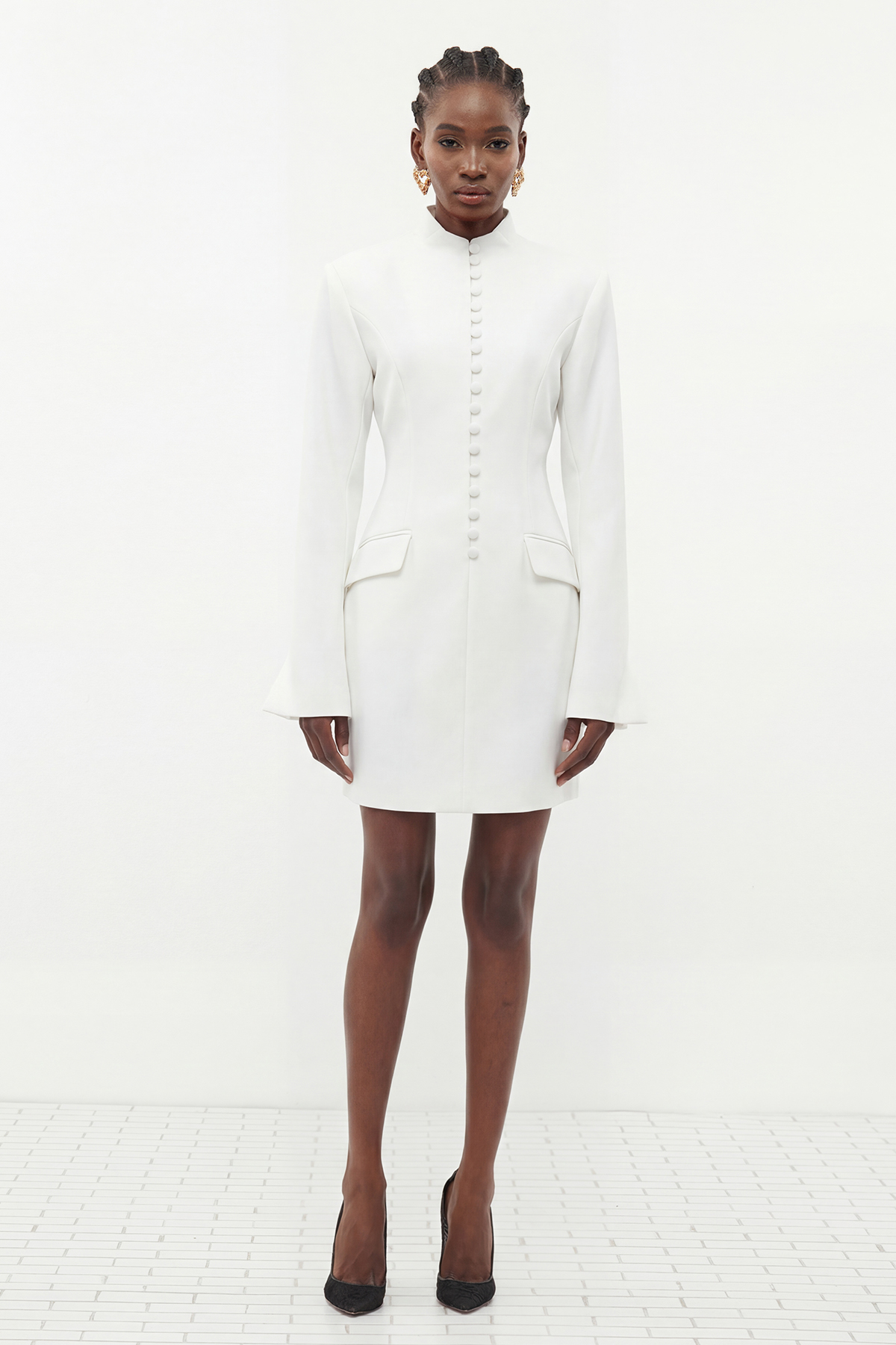 Famke Long Sleeve Button Mini Dress In White