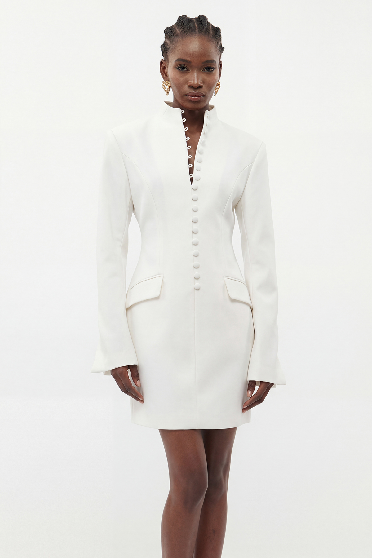 Famke Long Sleeve Button Mini Dress In White