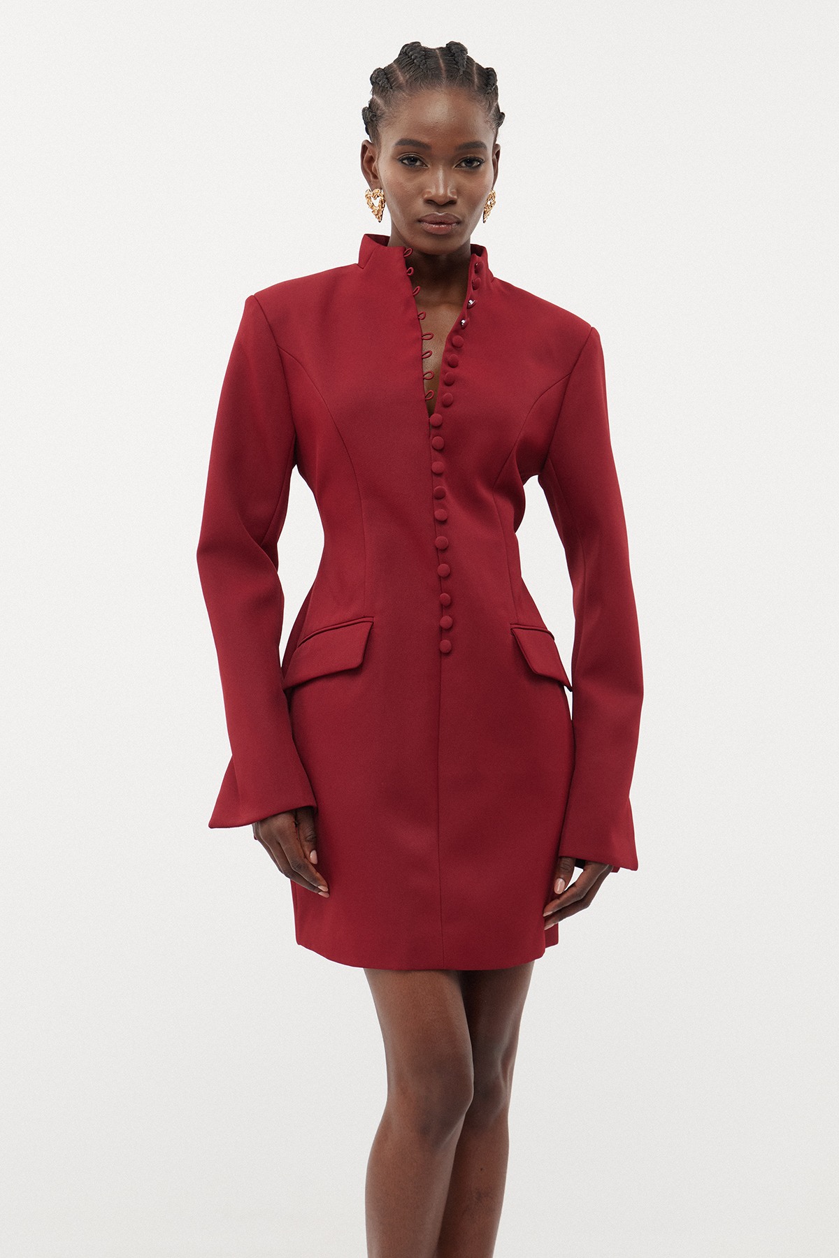Famke Long Sleeve Button Mini Dress In Wine