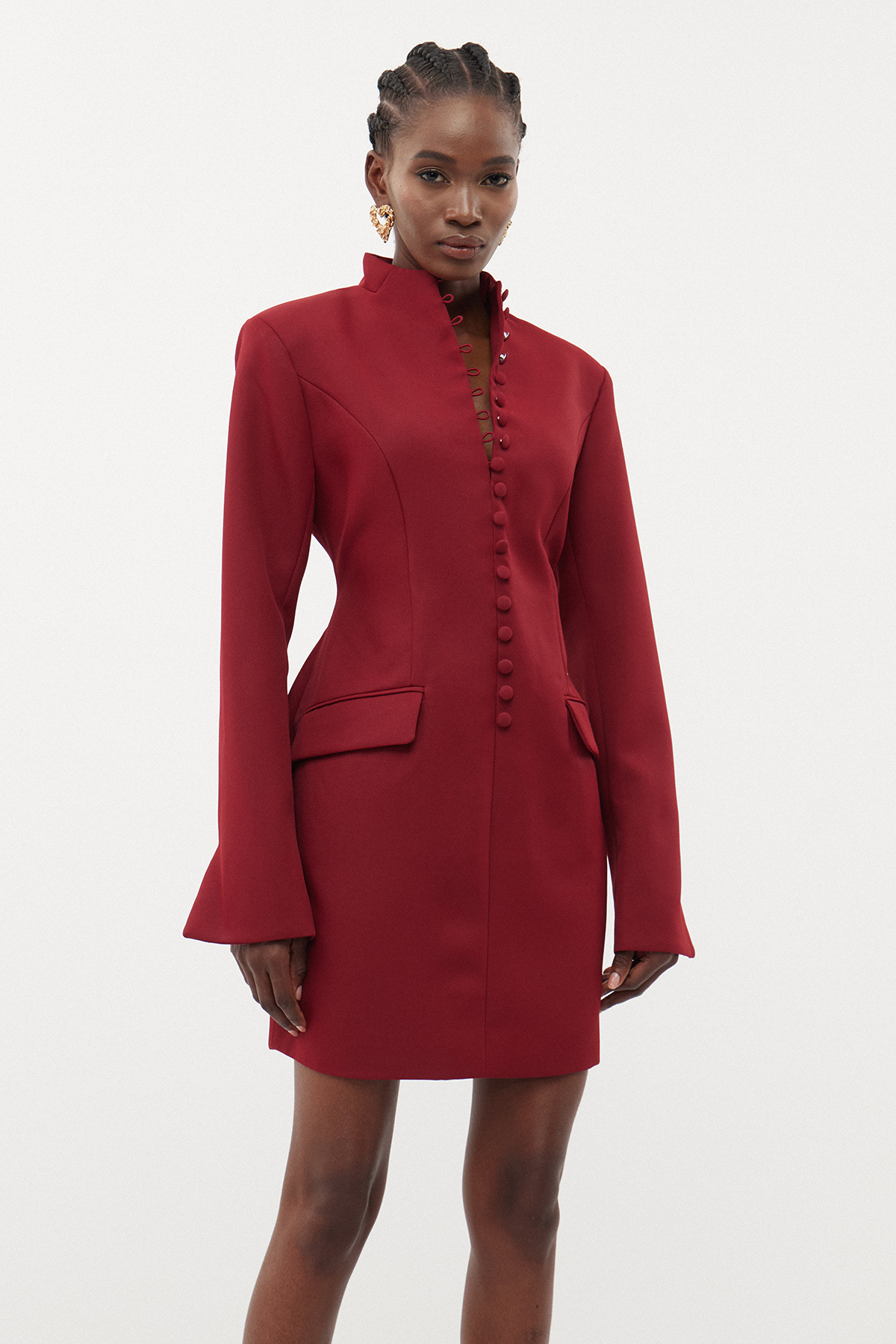 Famke Long Sleeve Button Mini Dress In Wine