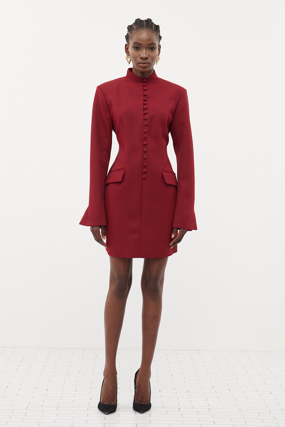 Famke Long Sleeve Button Mini Dress In Wine