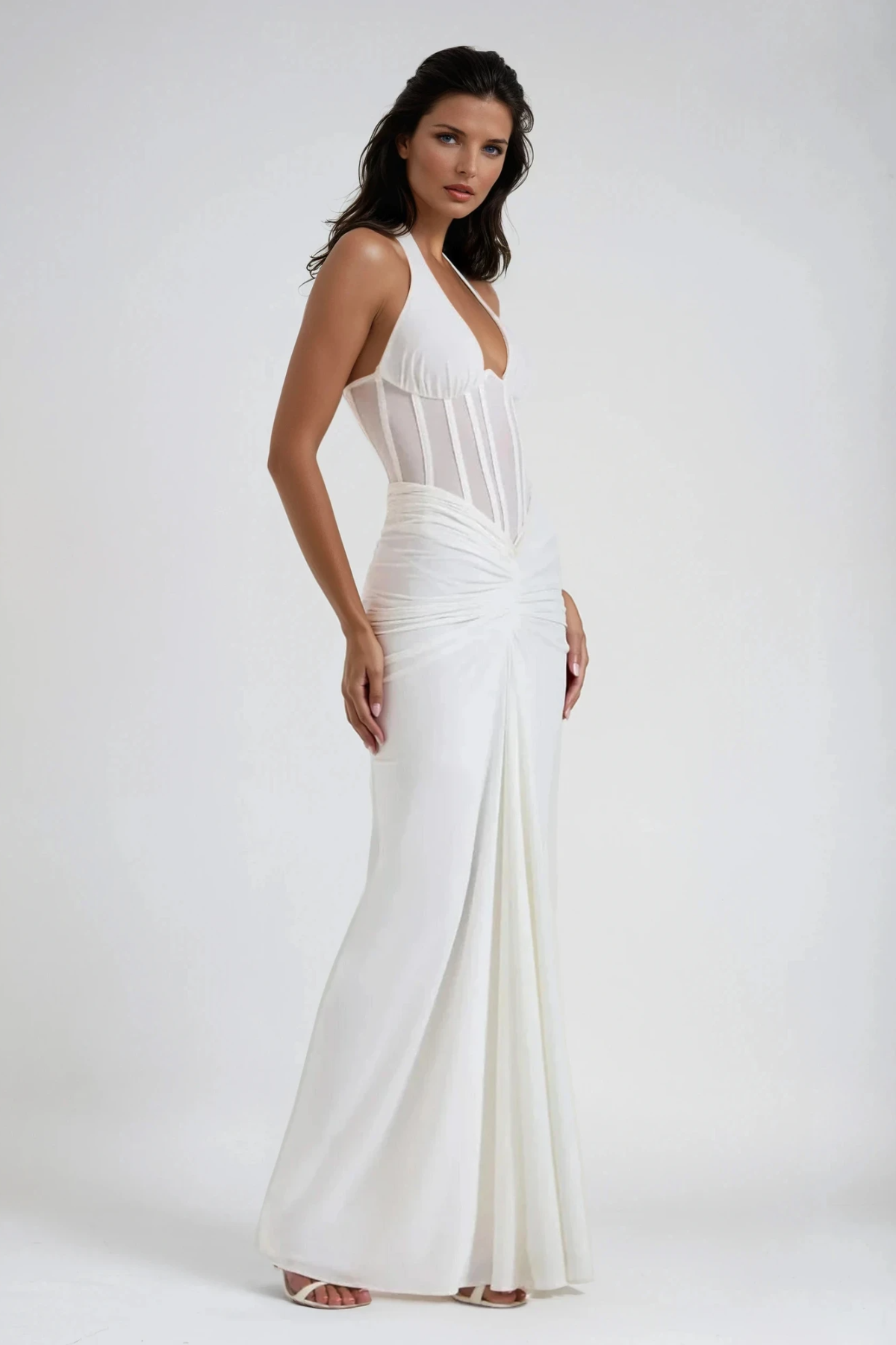 Fancy Halter Neck Corset Maxi Dress In White