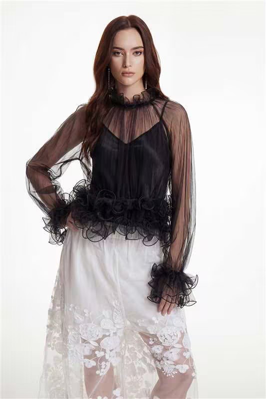 Fanny Ruffle Mesh Top In Black