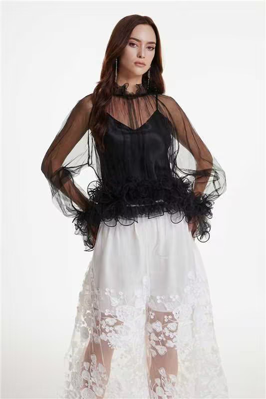 Fanny Ruffle Mesh Top In Black