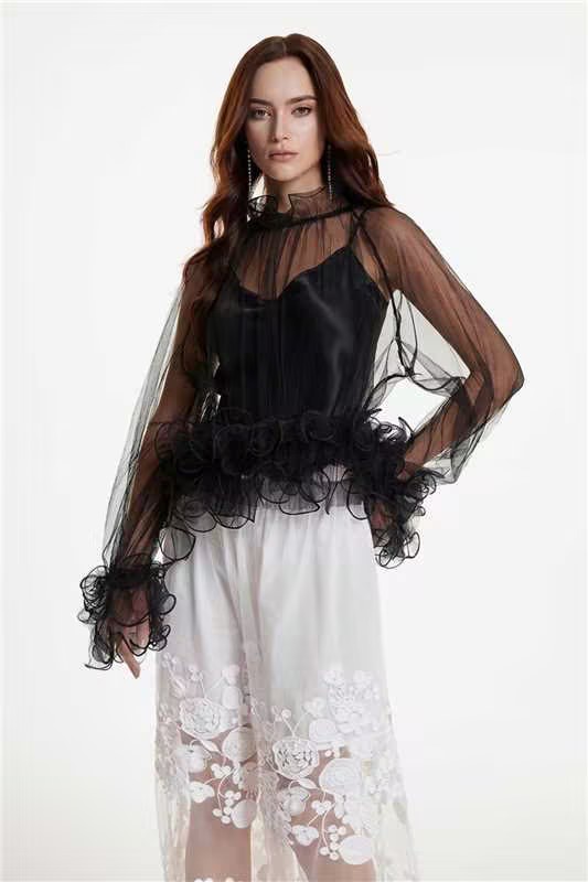 Fanny Ruffle Mesh Top In Black