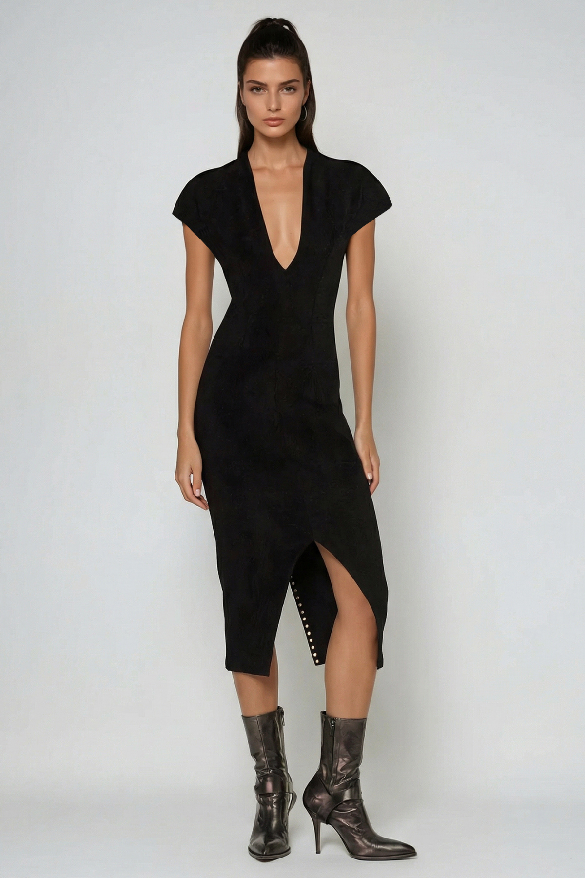 Fareed Plunge Lace Up Midi Dress