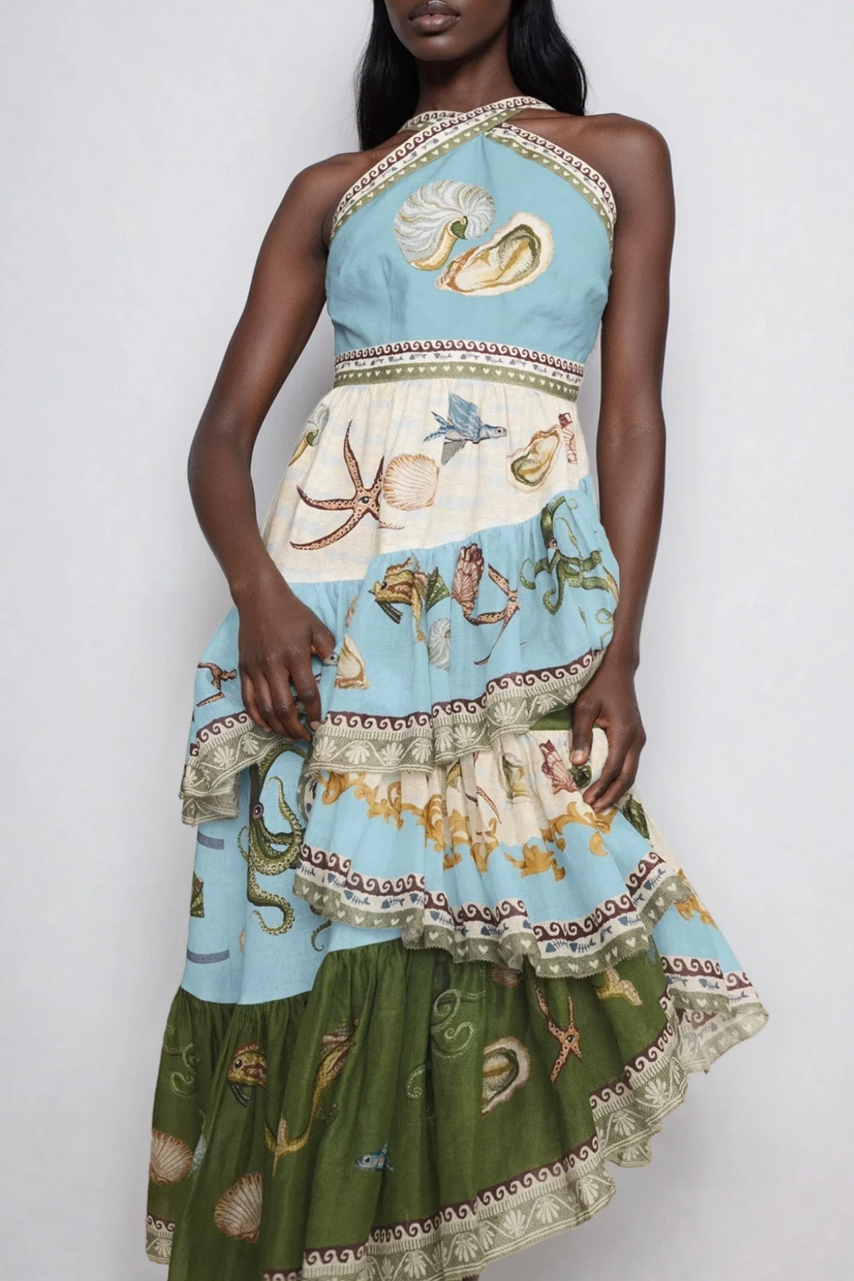 Fatema Halter Neck Asymmetric Tiered Maxi Dress