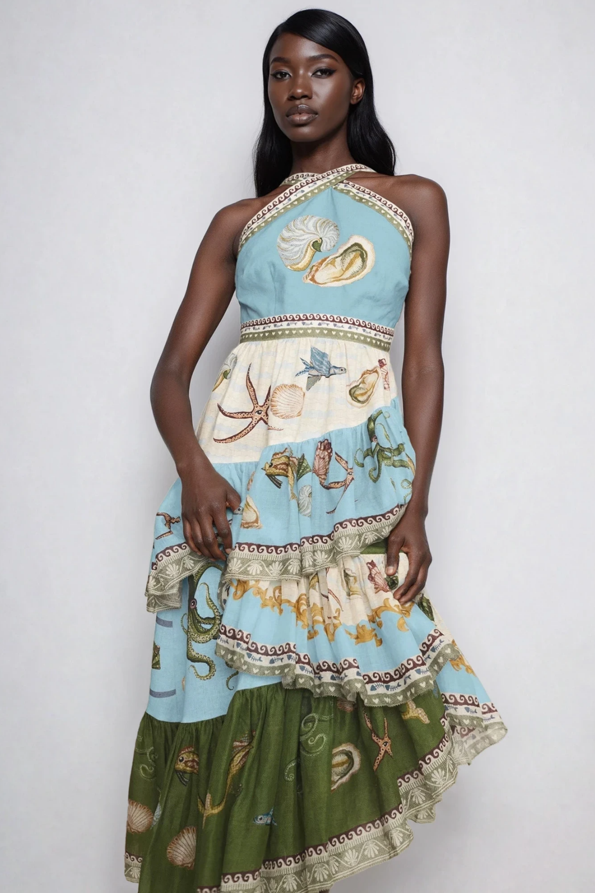 Fatema Halter Neck Asymmetric Tiered Maxi Dress