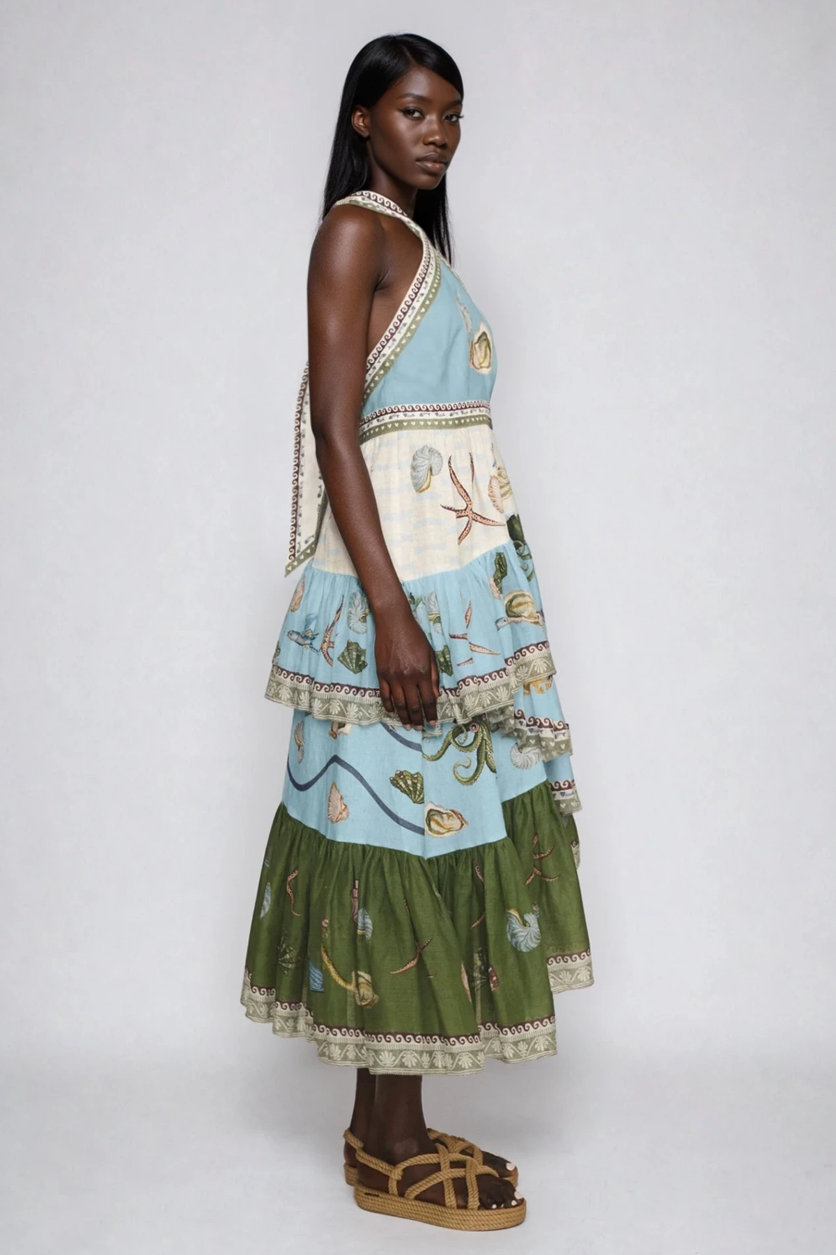 Fatema Halter Neck Asymmetric Tiered Maxi Dress