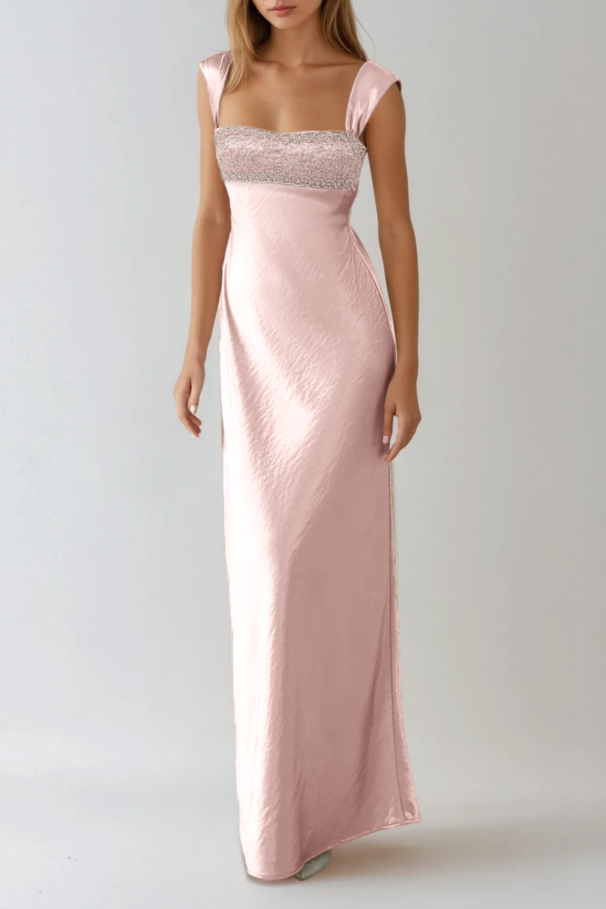Fatos Sleeveless Rhinestone Satin Maxi Dress