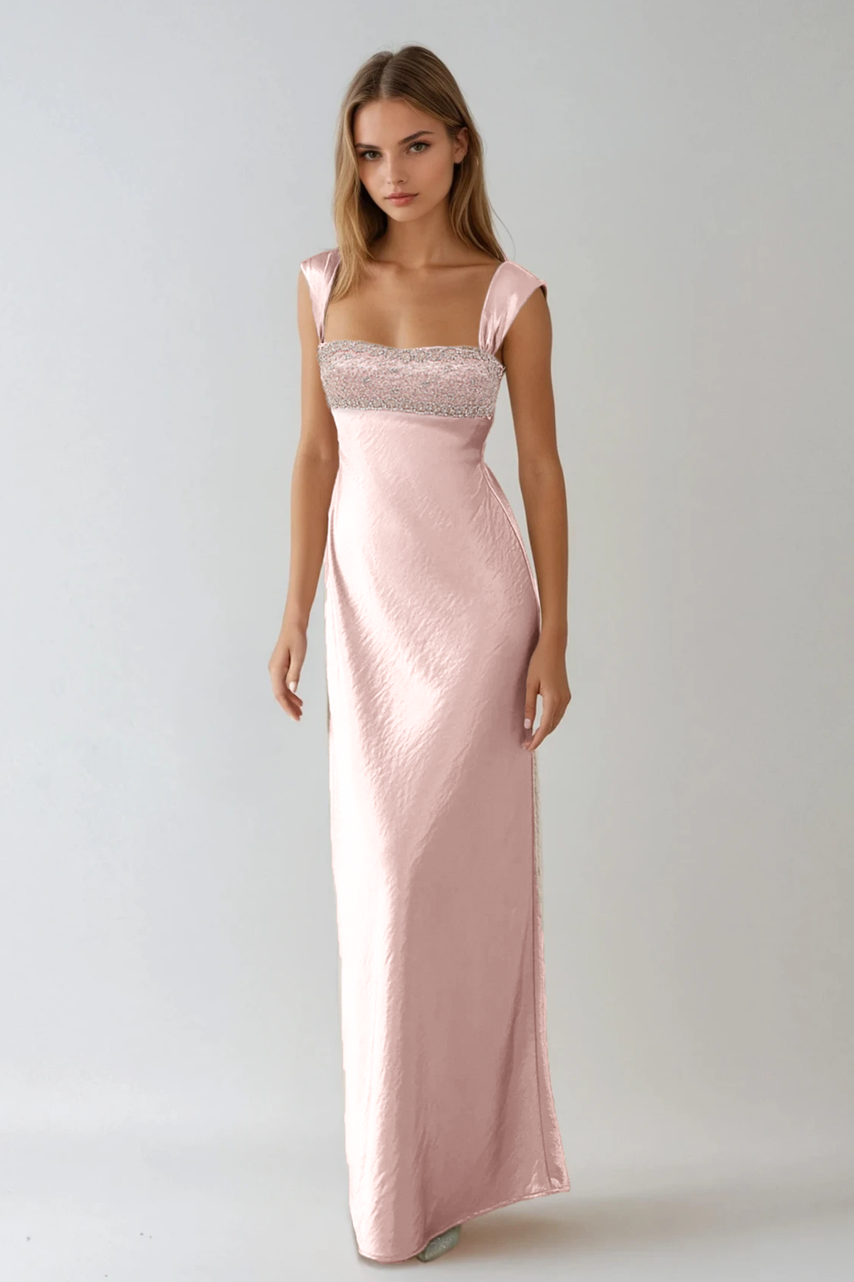 Fatos Sleeveless Rhinestone Satin Maxi Dress