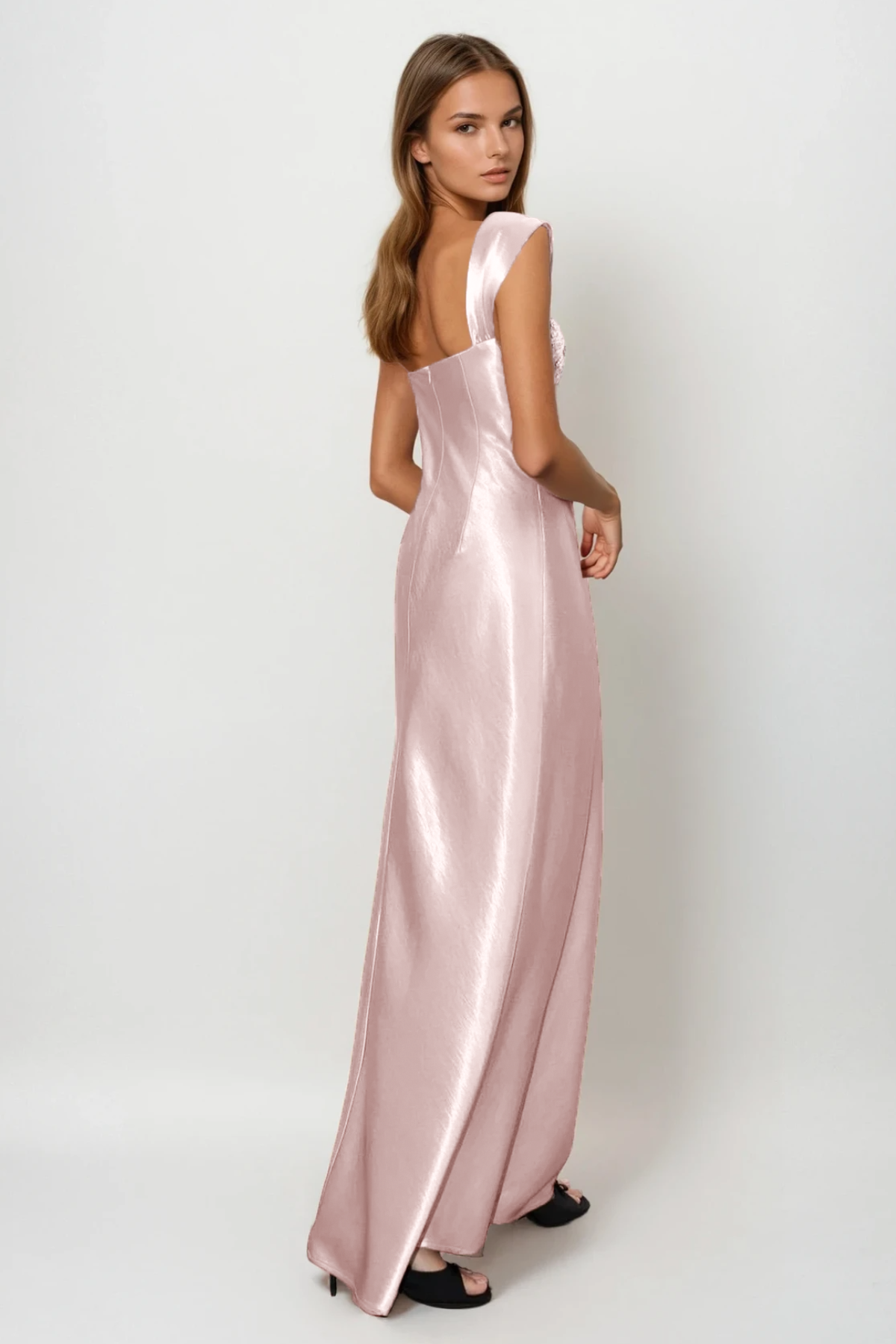 Fatos Sleeveless Rhinestone Satin Maxi Dress