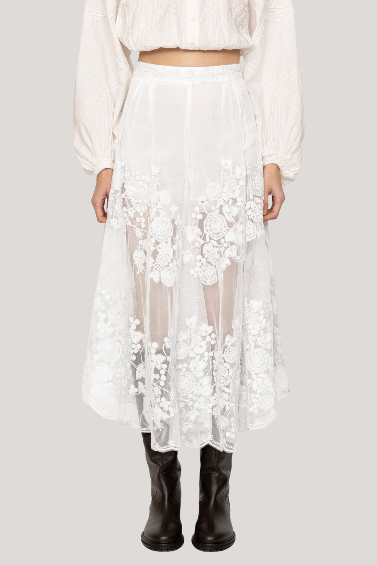 Faunus Embroidered Floral Mesh Maxi Skirt In White