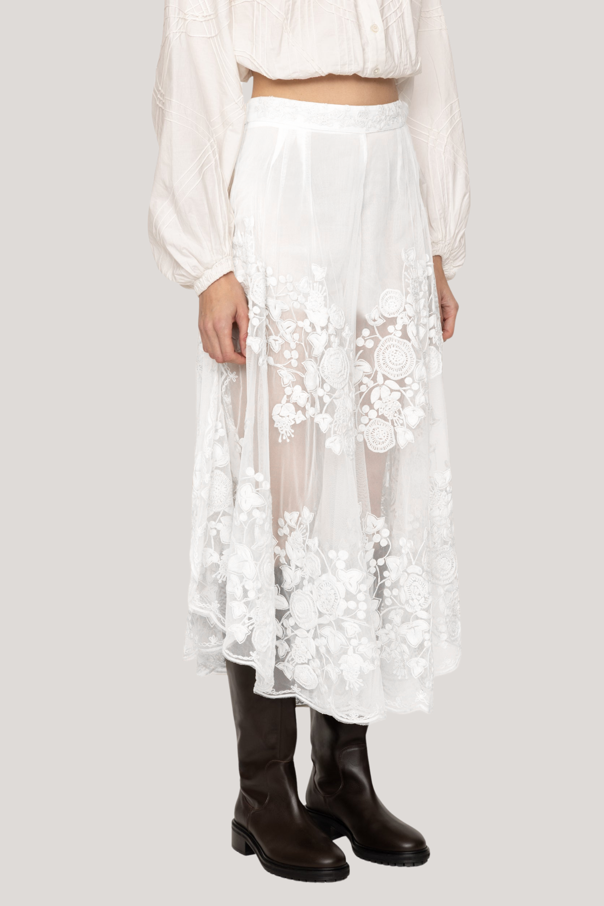 Faunus Embroidered Floral Mesh Maxi Skirt In White