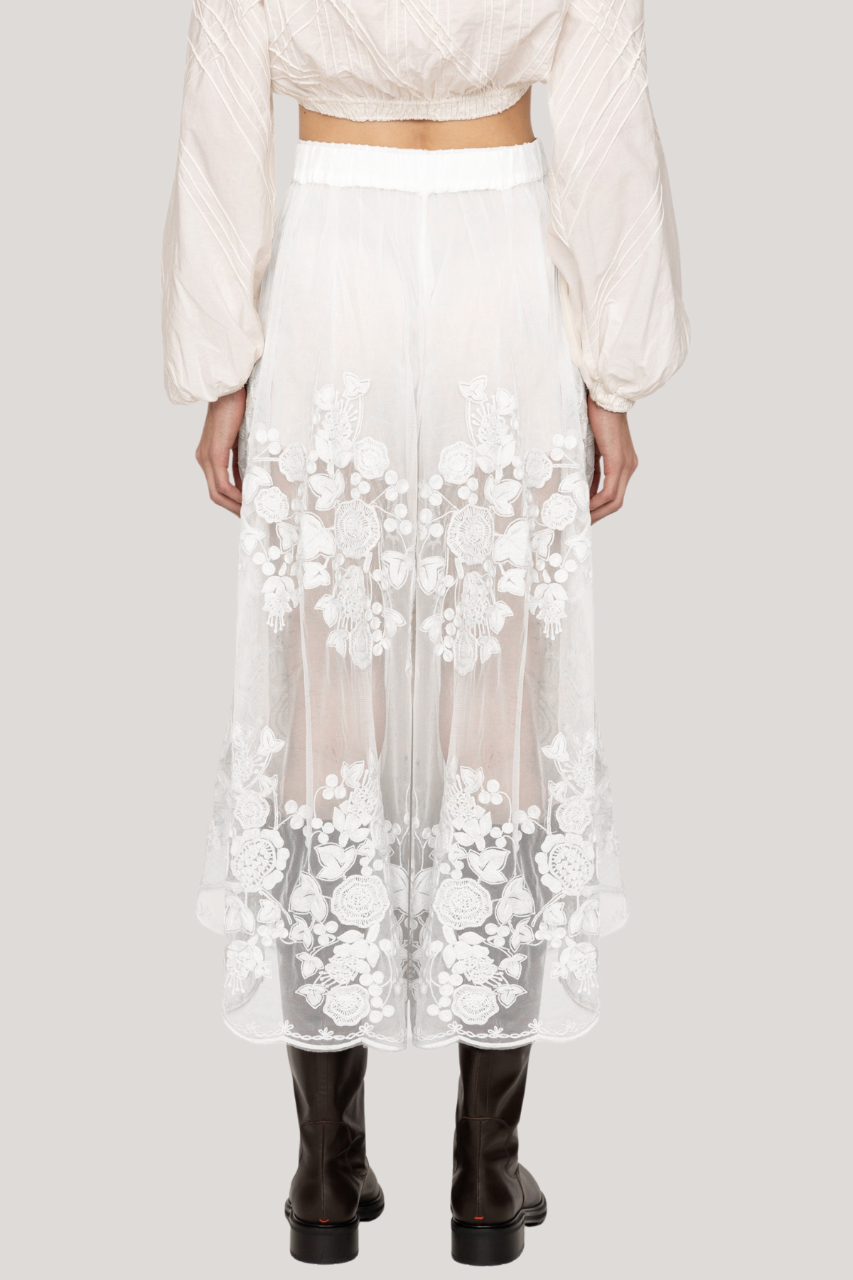 Faunus Embroidered Floral Mesh Maxi Skirt In White