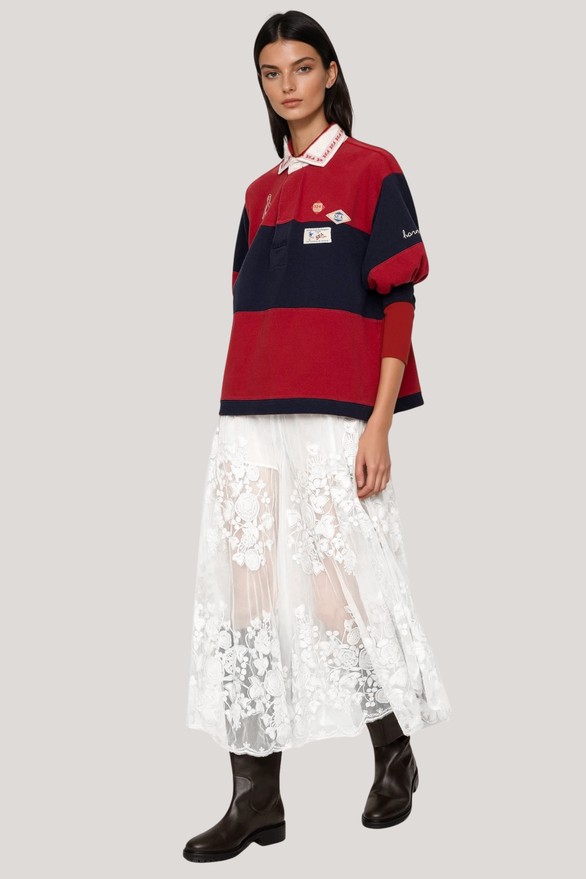 Faunus Embroidered Floral Mesh Maxi Skirt In White