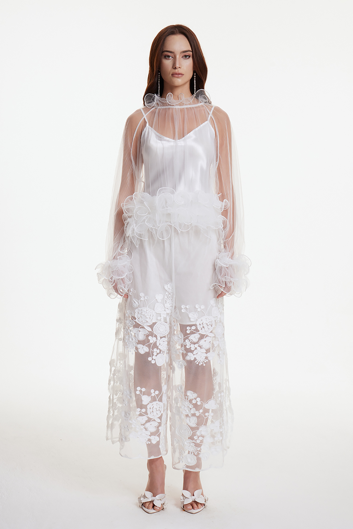 Faunus Embroidered Floral Mesh Pants In White