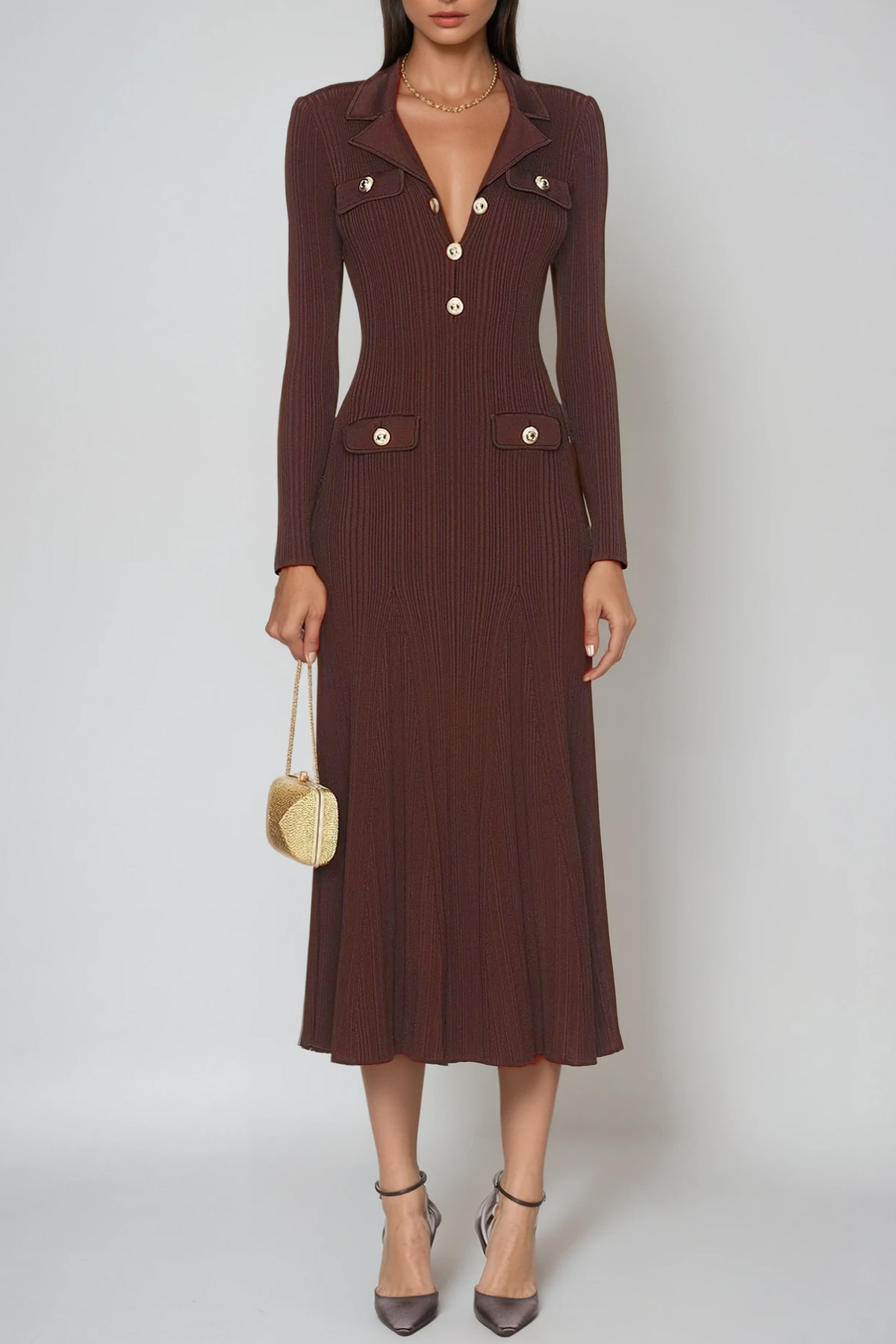 Faustin V Neck Button Knit Midi Dress