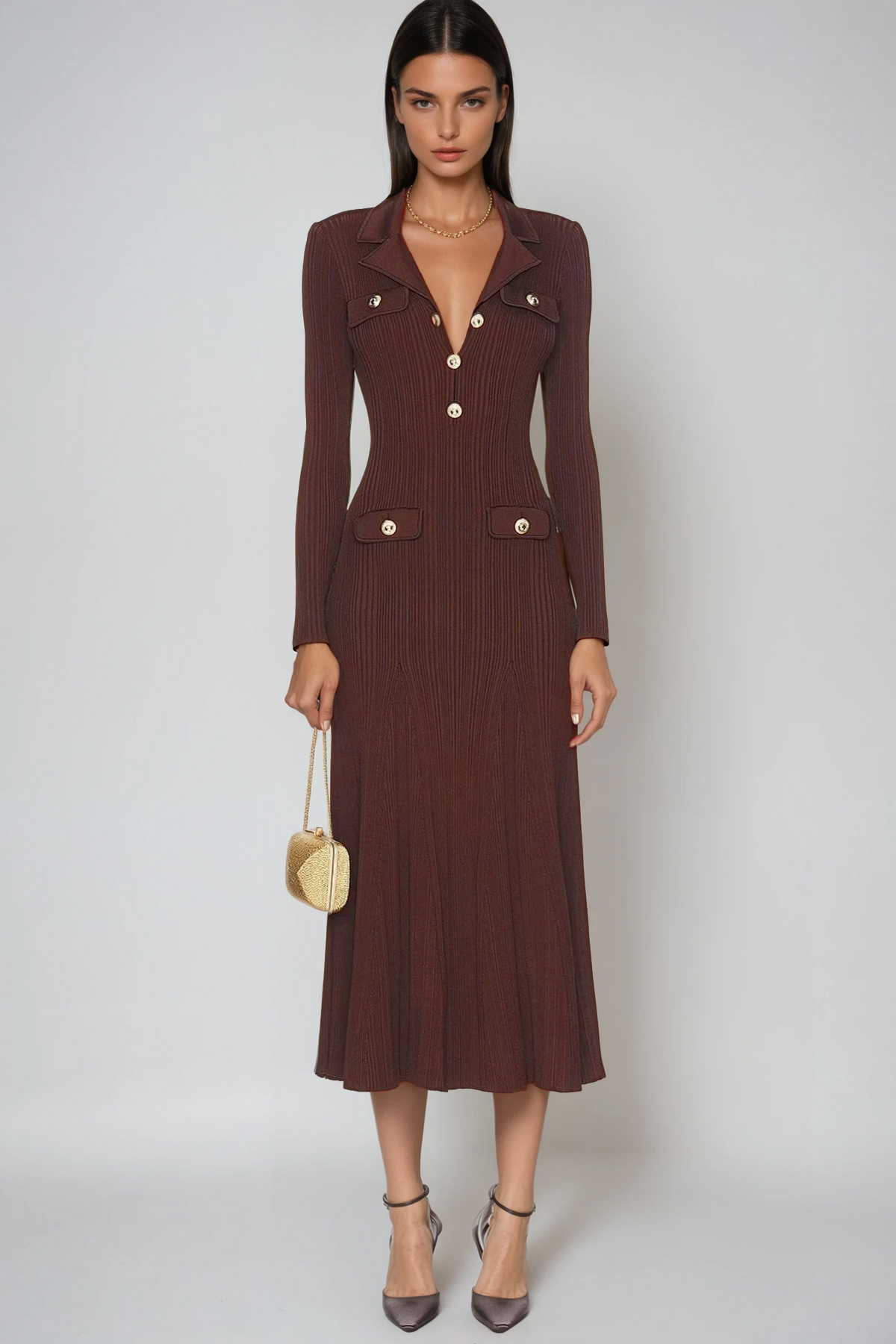 Faustin V Neck Button Knit Midi Dress