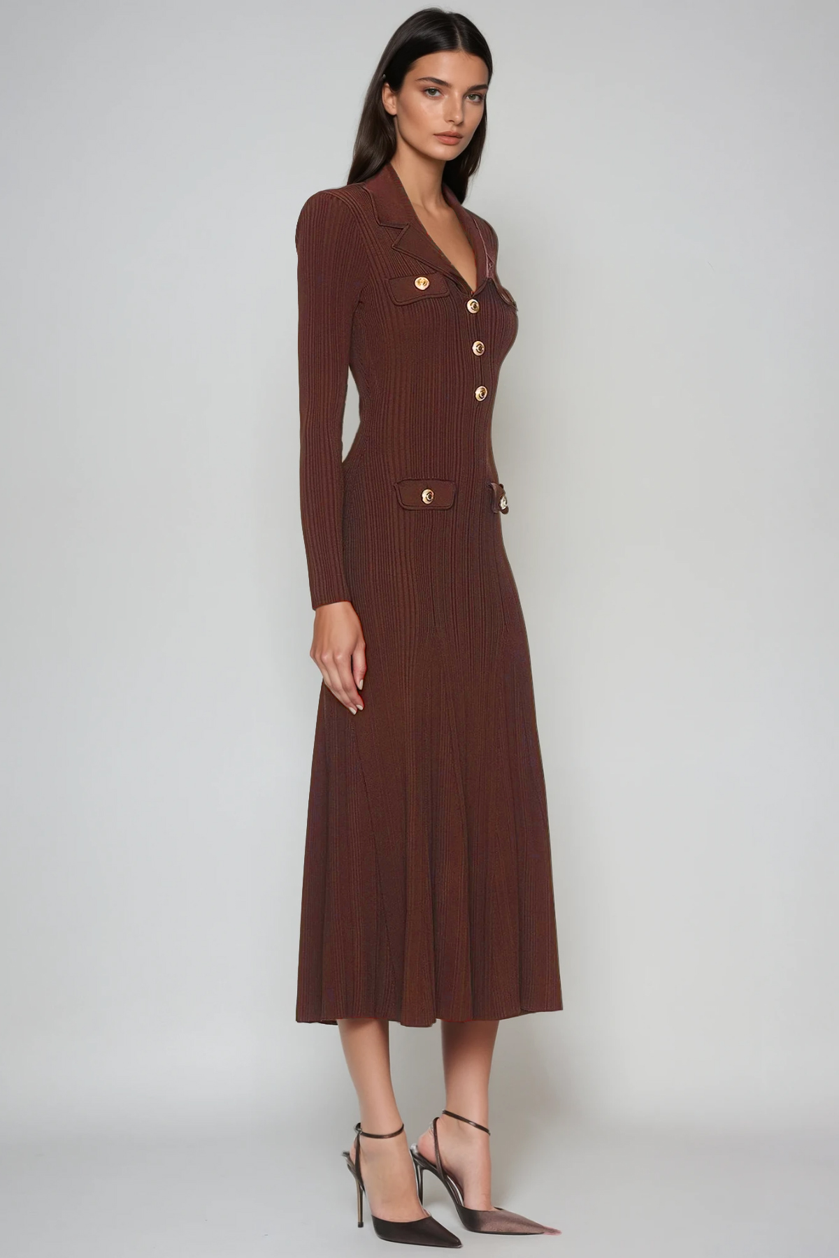 Faustin V Neck Button Knit Midi Dress