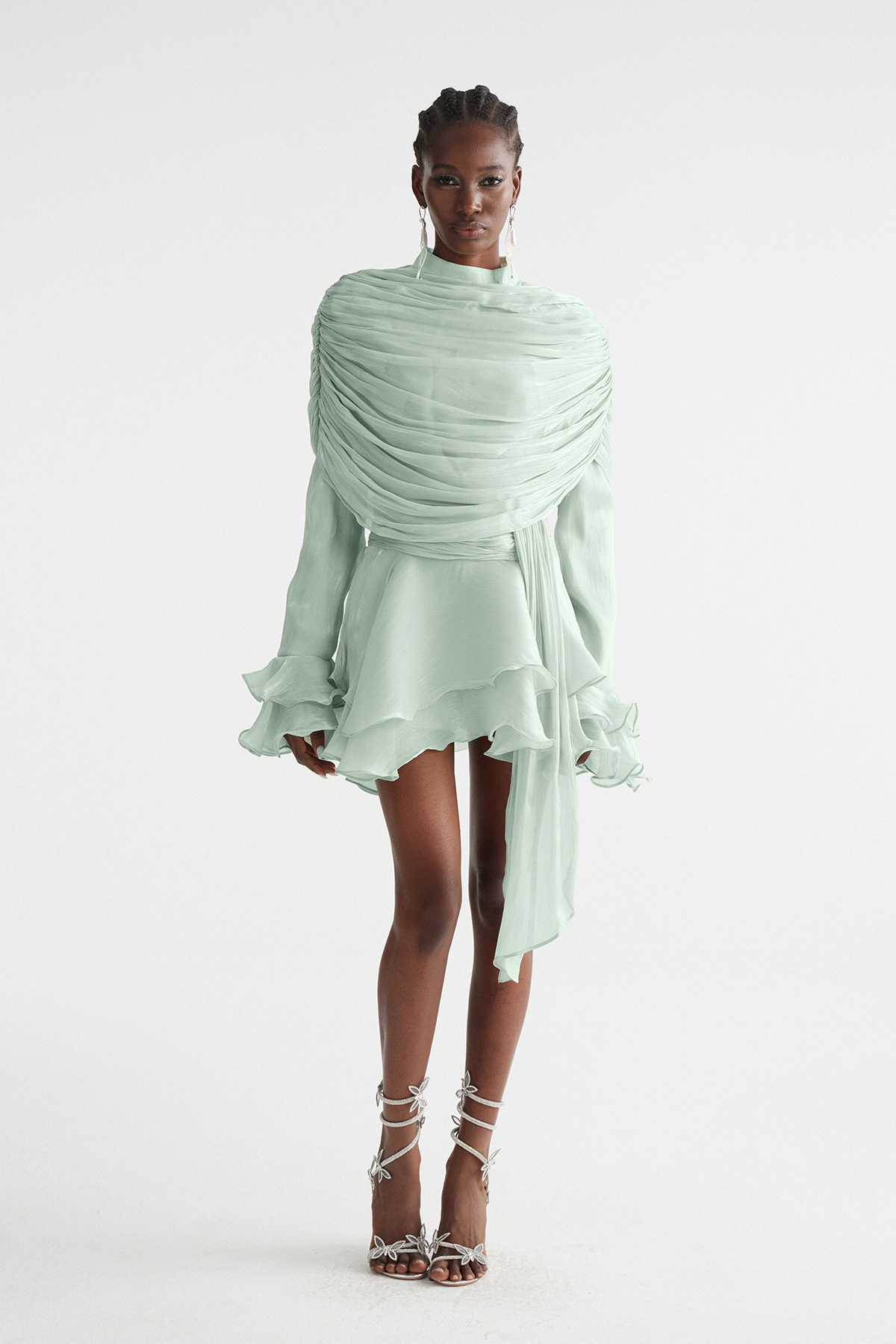 Faustus Draped Shawl Mini Dress In Green