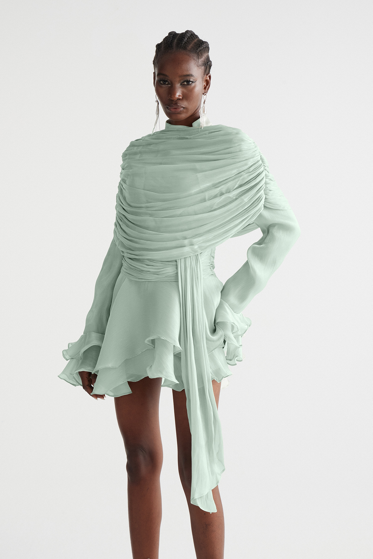 Faustus Draped Shawl Mini Dress In Green