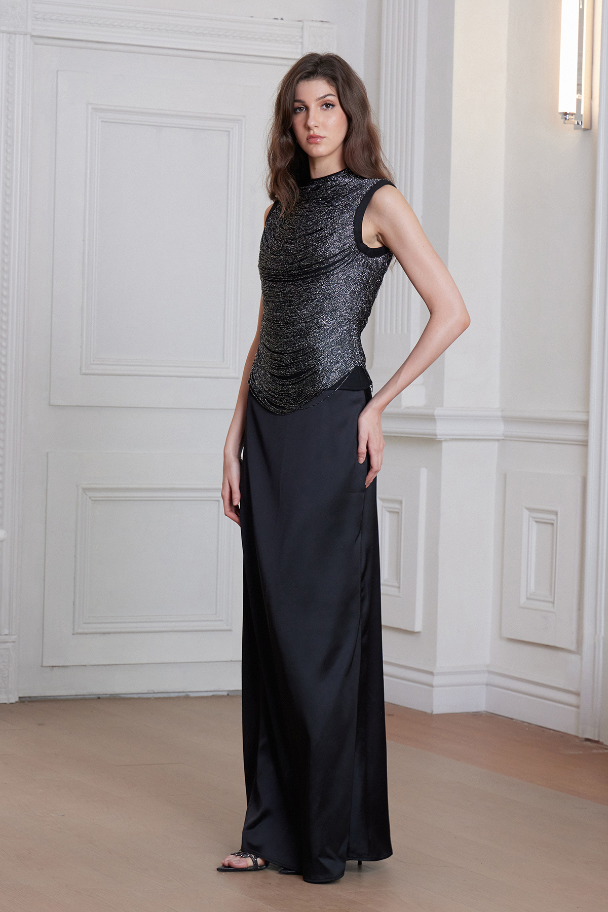 Fedde Fringe Satin Skirt Set In Black