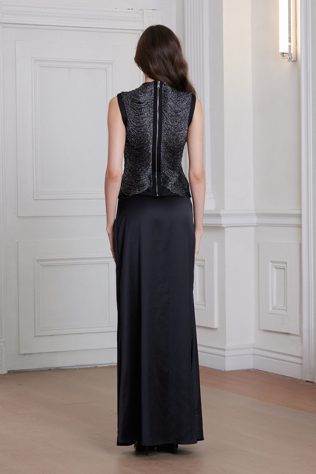 Fedde Fringe Satin Skirt Set In Black