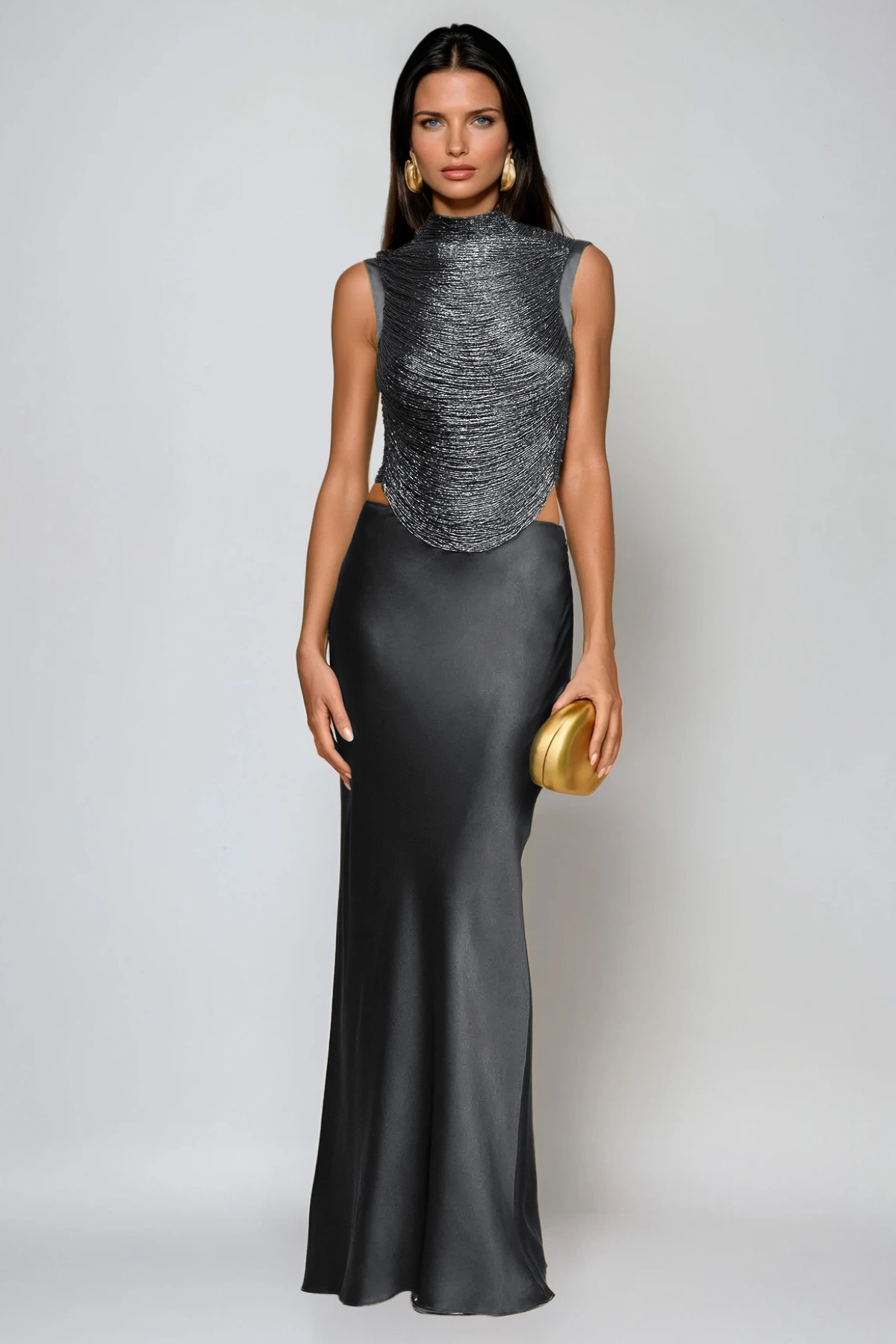Fedde Fringe Satin Skirt Set In Black Silver