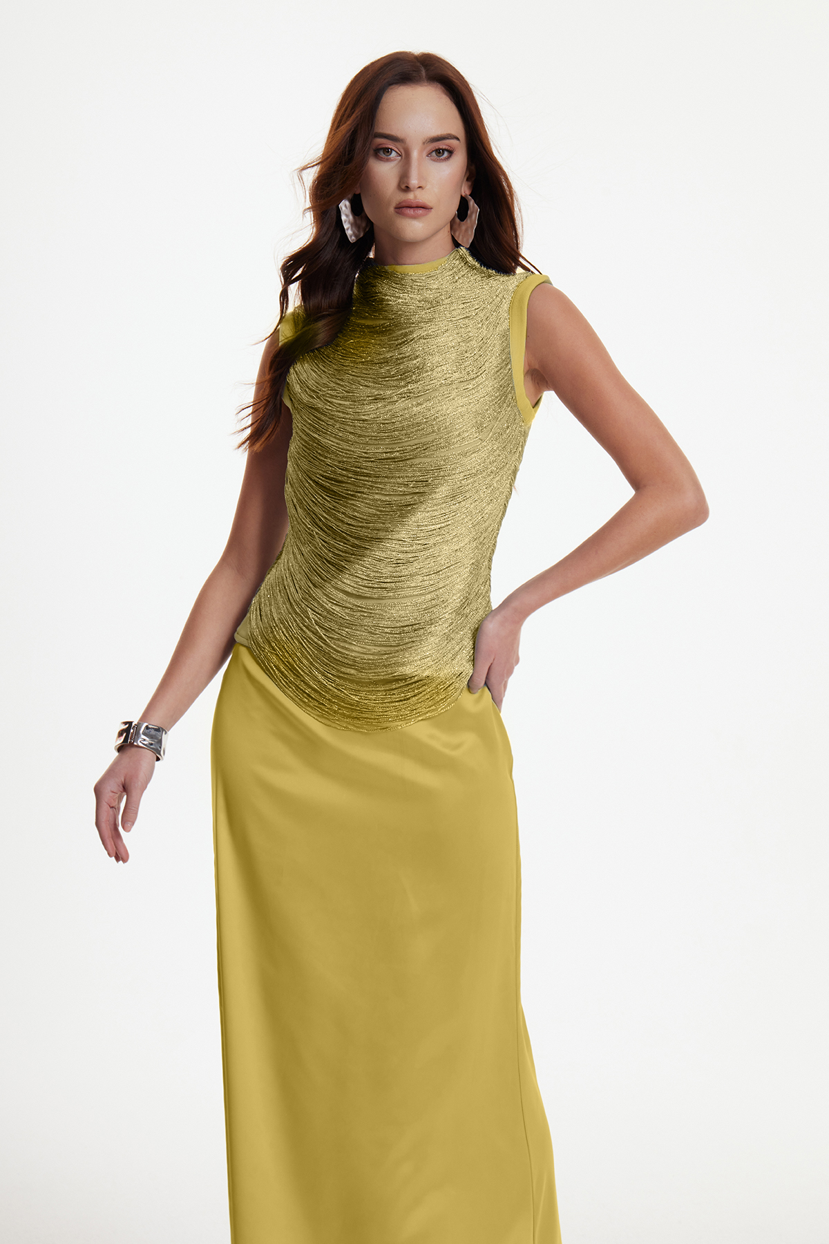 Fedde Fringe Satin Skirt Set In Gold