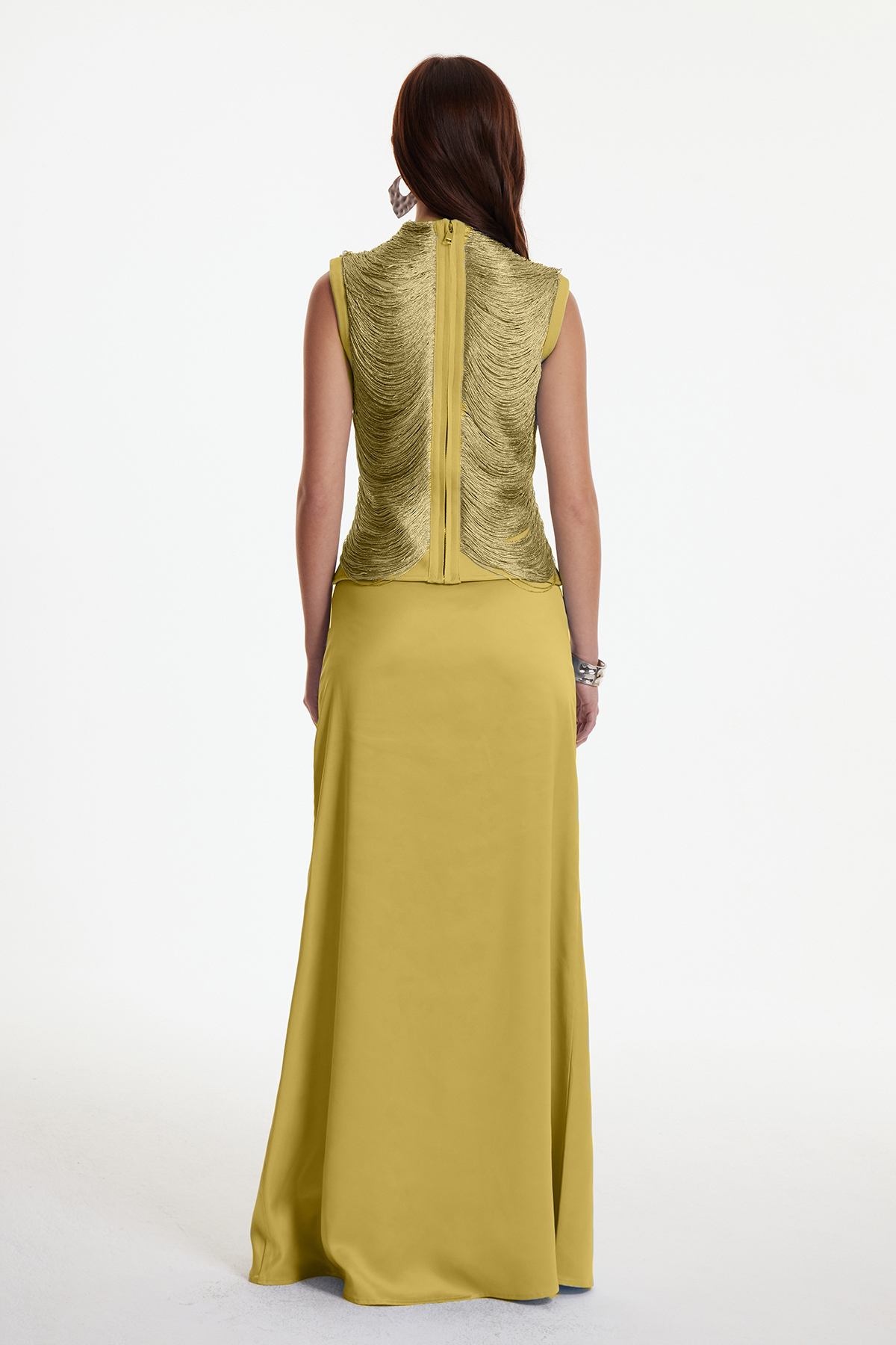 Fedde Fringe Satin Skirt Set In Gold