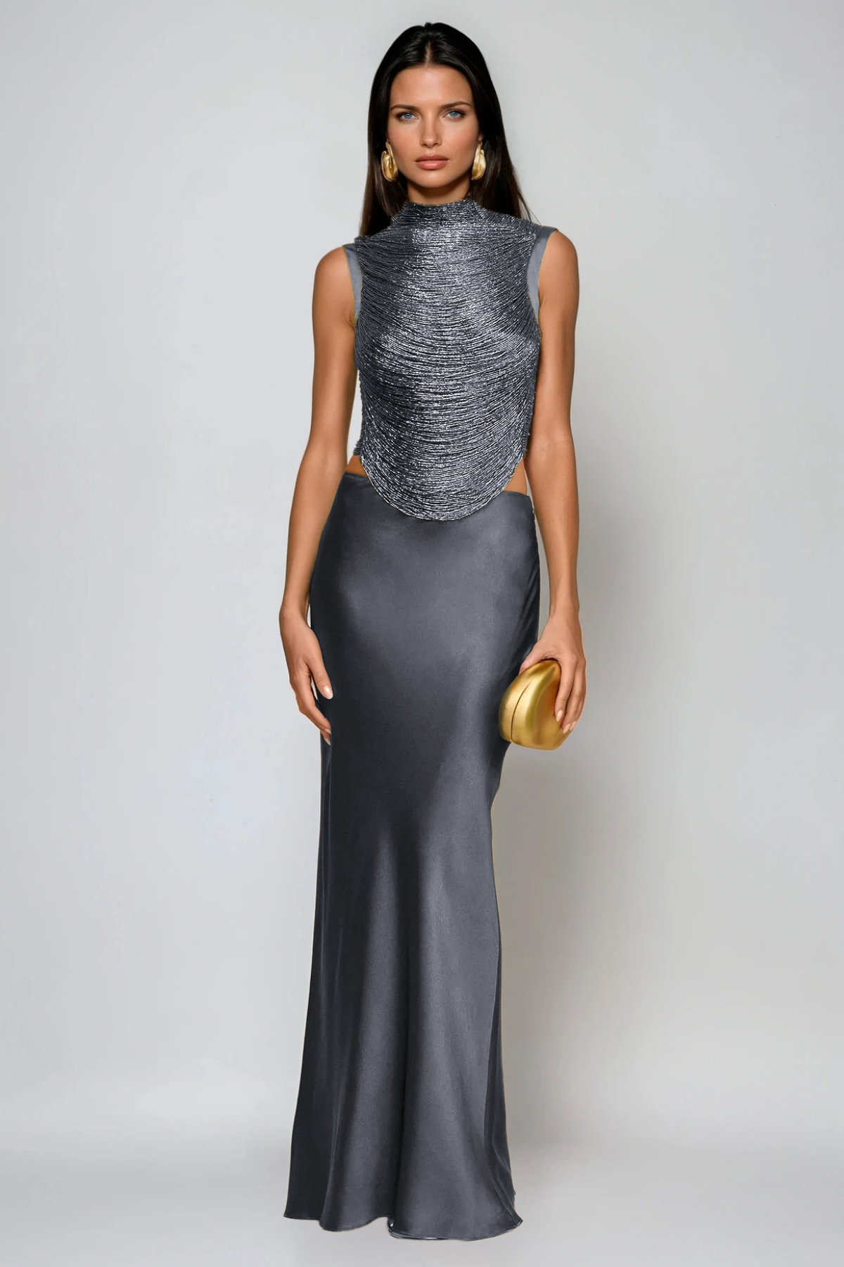 Fedde Fringe Satin Skirt Set In Grey