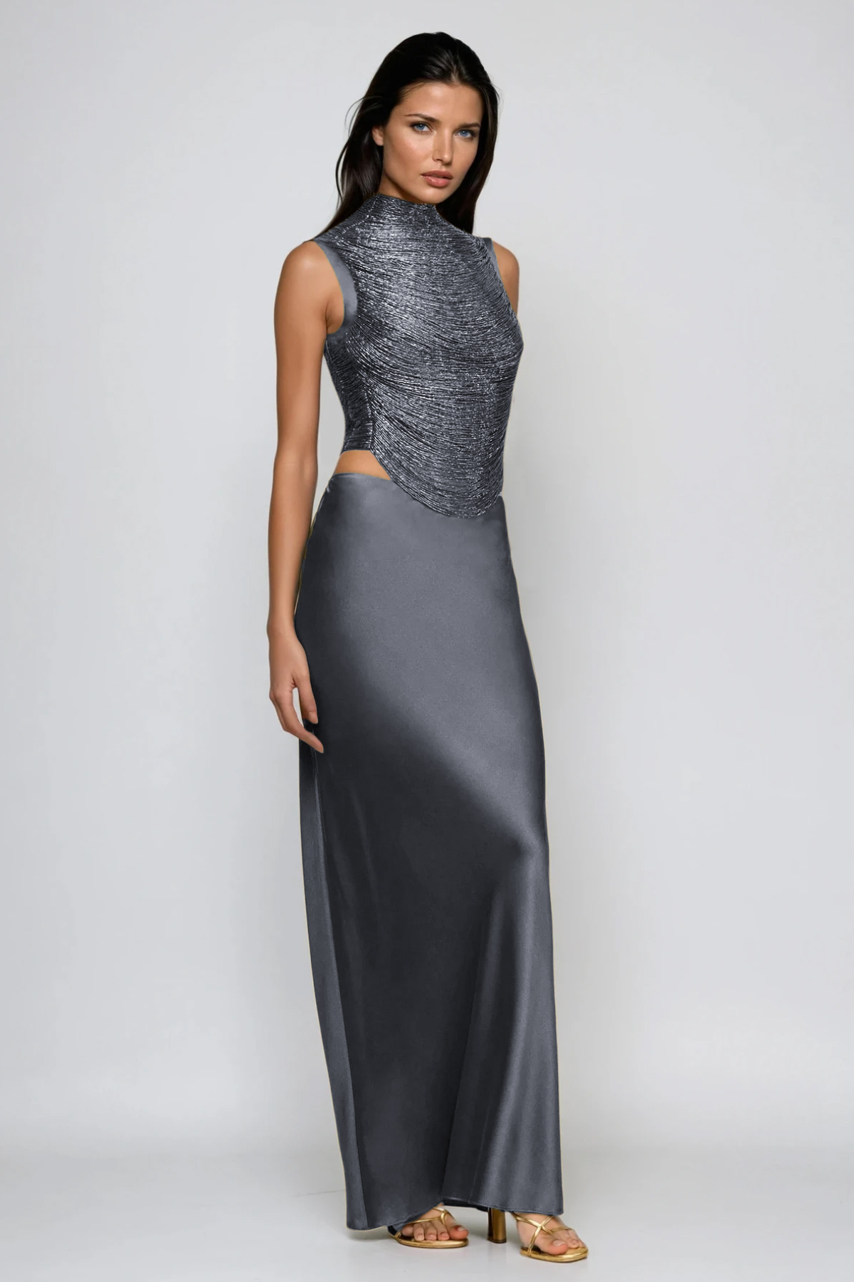 Fedde Fringe Satin Skirt Set In Grey