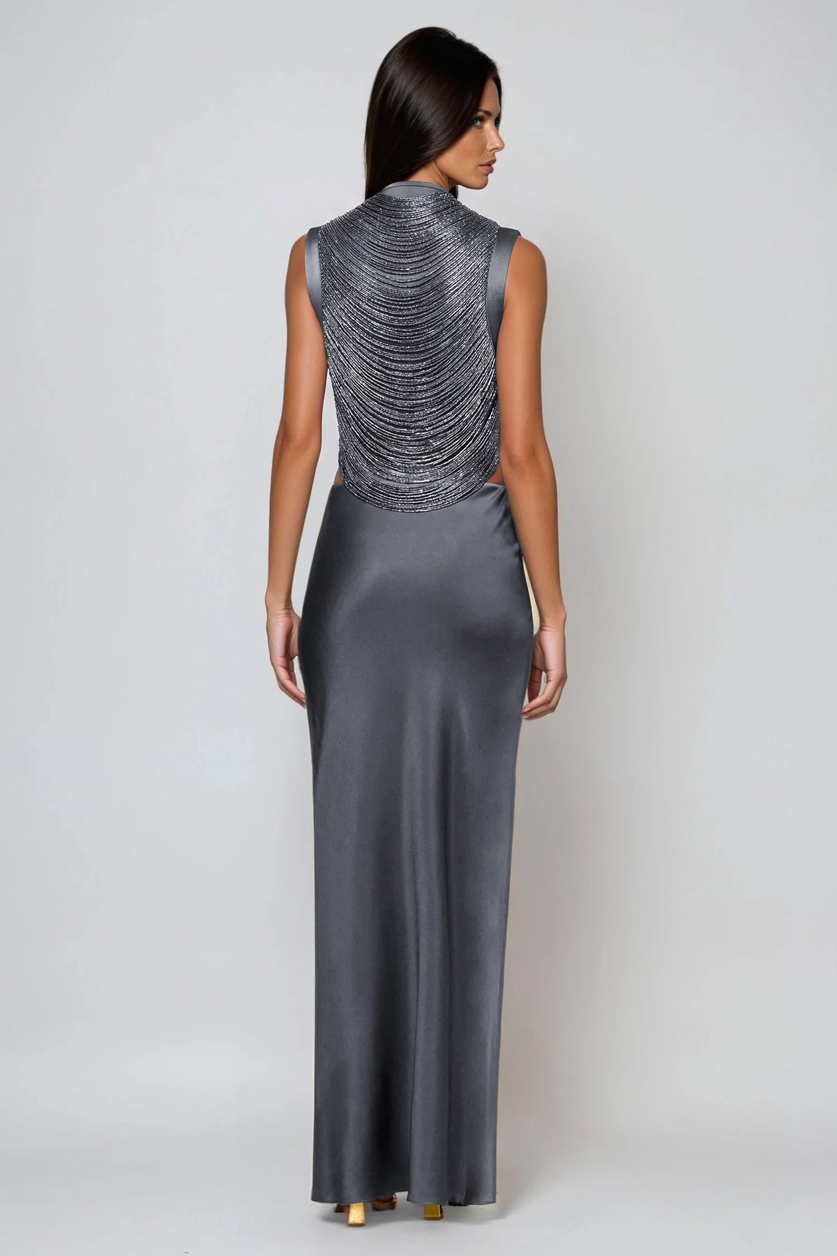 Fedde Fringe Satin Skirt Set In Grey